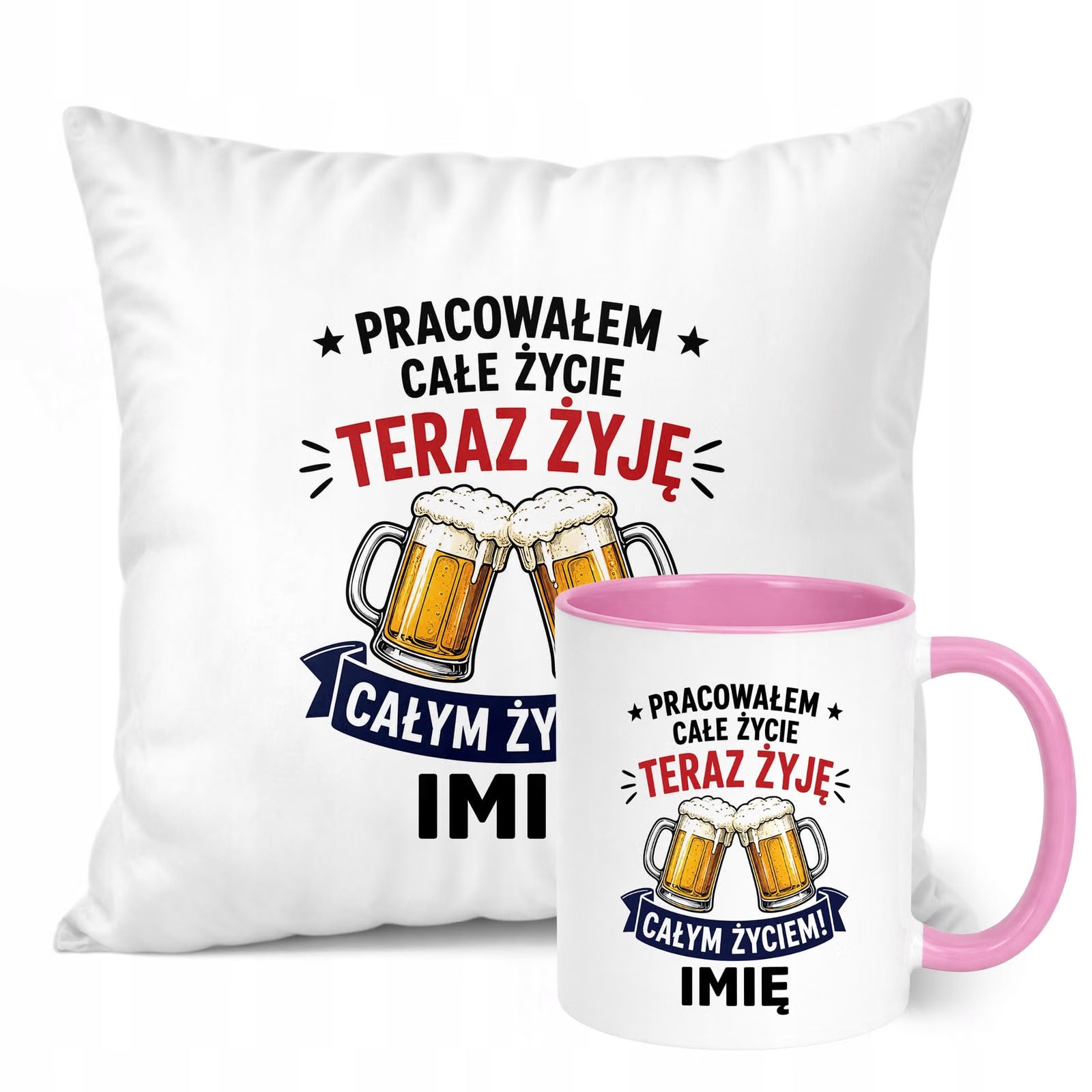 Zestaw Personalizowany Kubek Różowy Poduszka Emerytura Upominek Prezent