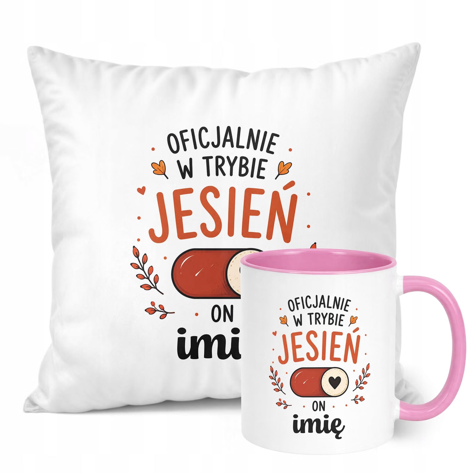 Zestaw Personalizowany Kubek Różowy Poduszka Jesień Jesienny Z Nadrukiem