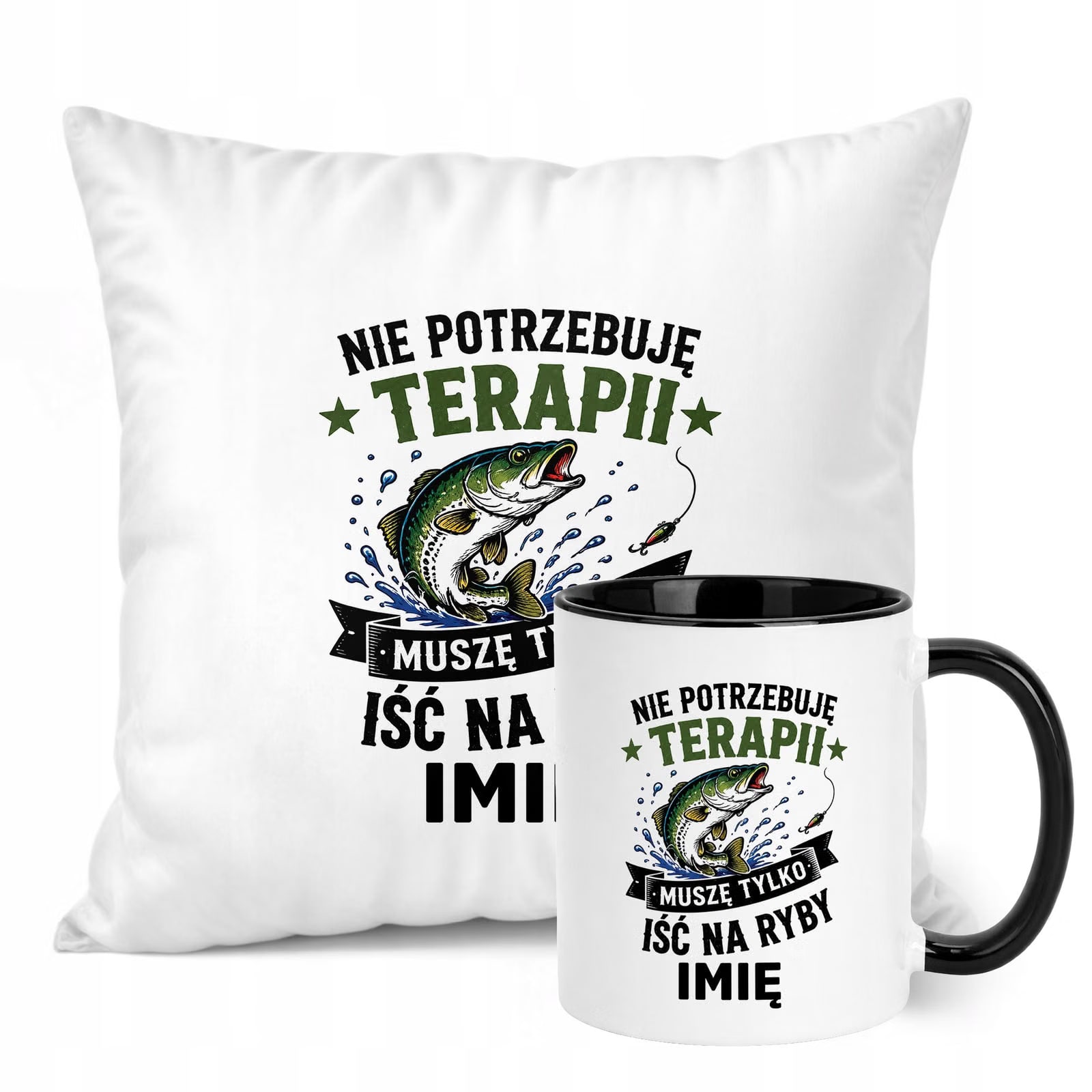 Zestaw Personalizowany Kubek Czarny Poduszka Z Nadrukiem Dla Wędkarza