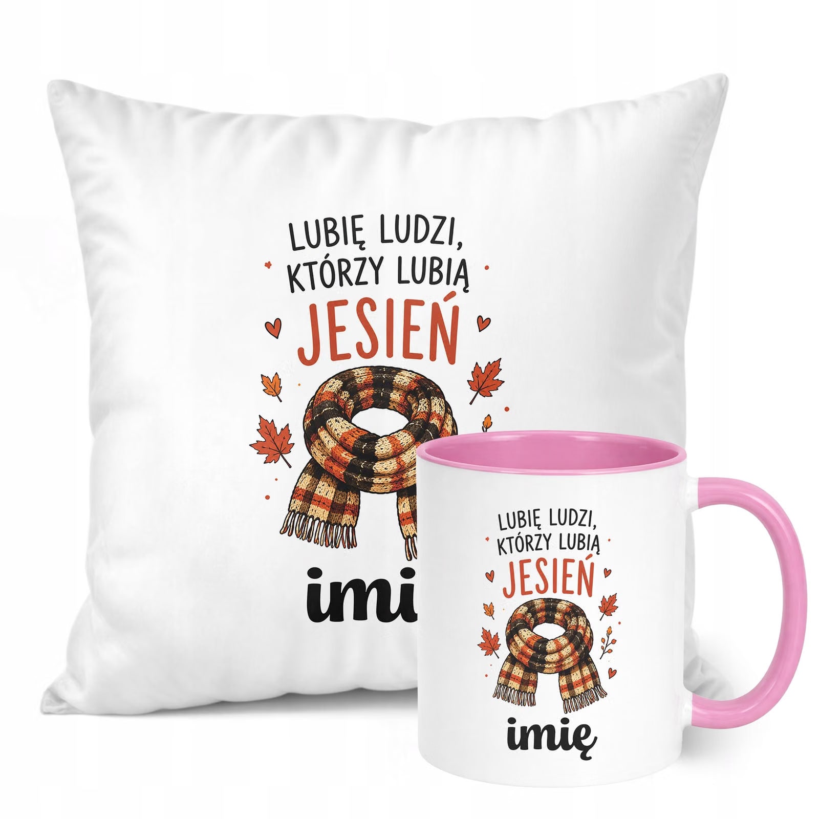 Zestaw Personalizowany Kubek Różowy Poduszka Jesień Jesienny Z Nadrukiem