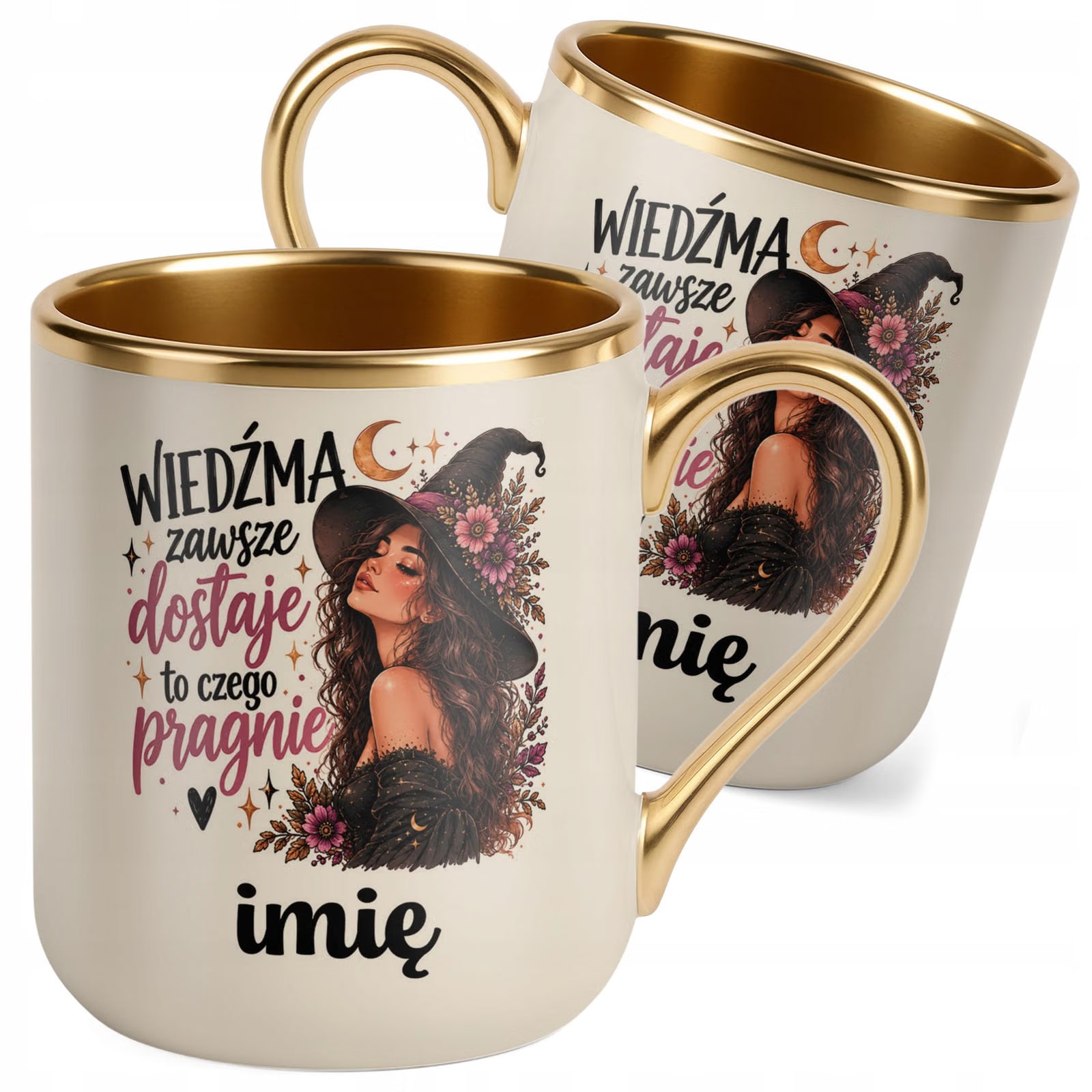 Kubek Personalizowany Premium Złoty Ecru z Nadrukiem Wiedźma