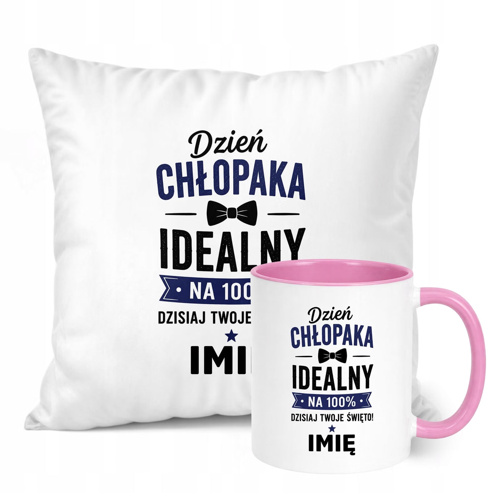 Zestaw Personalizowany Kubek Różowy Poduszka Dzień Chłopaka Z Nadrukiem