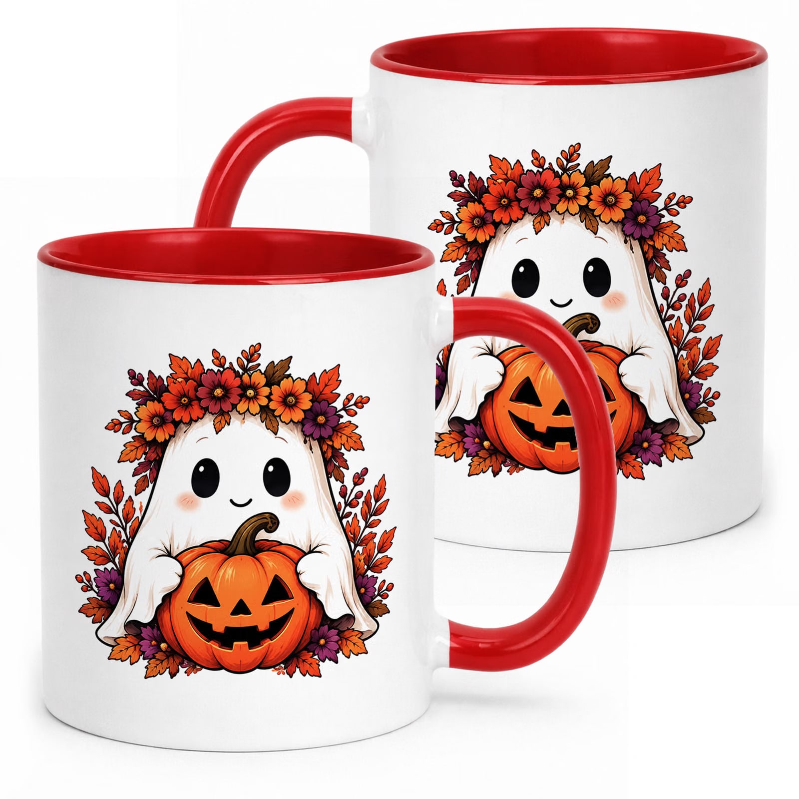 Kubek Czerwony z Nadrukiem Halloween Jesień Duch Dynia Prezent Upominek
