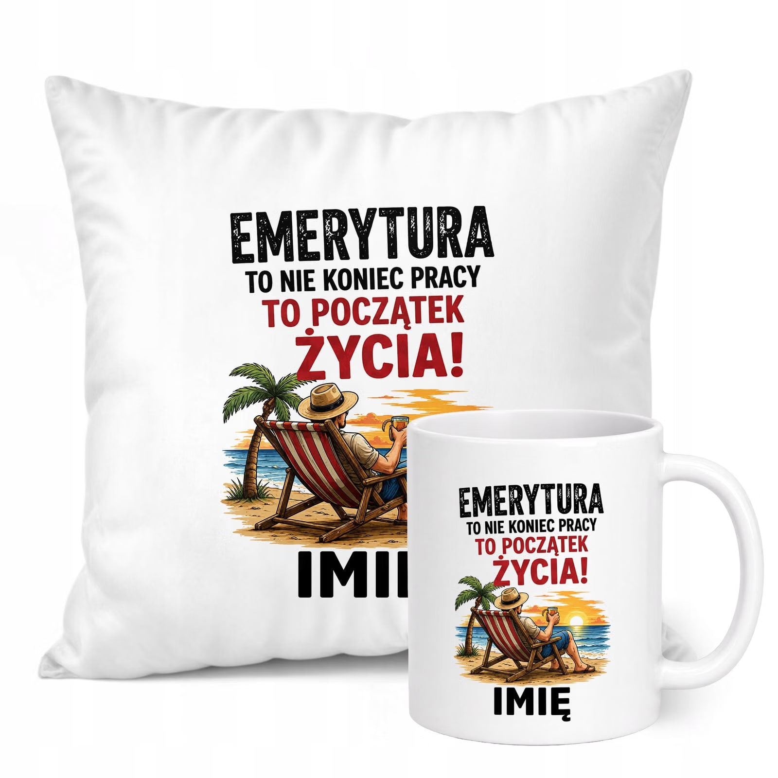 Zestaw Personalizowany Kubek Biały Poduszka Emerytura Upominek Prezent