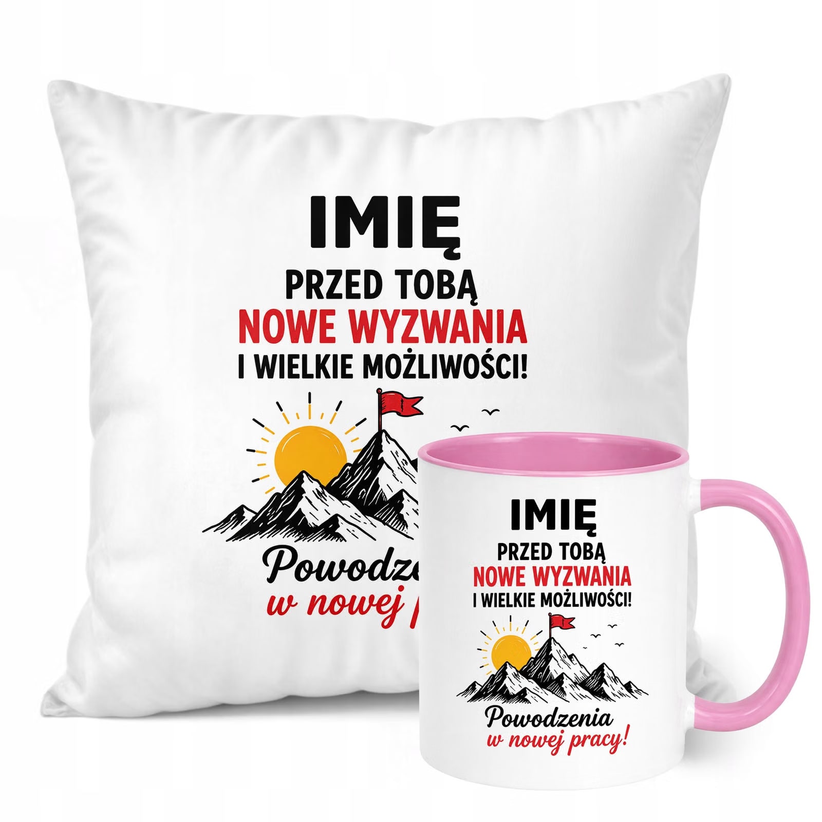 Zestaw Personalizowany Kubek Różowy Poduszka Odejście z Pracy Prezent