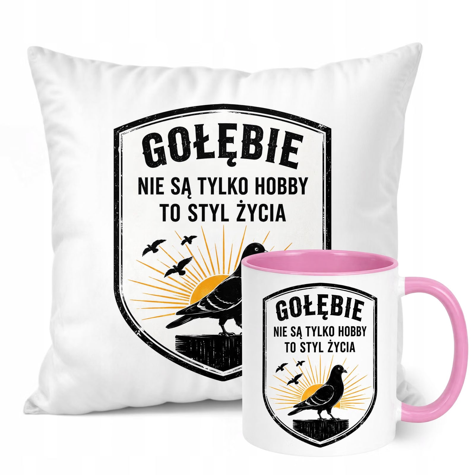 Zestaw Kubek Różowy Poduszka Z Nadrukiem Dla Gołębiarza Prezent