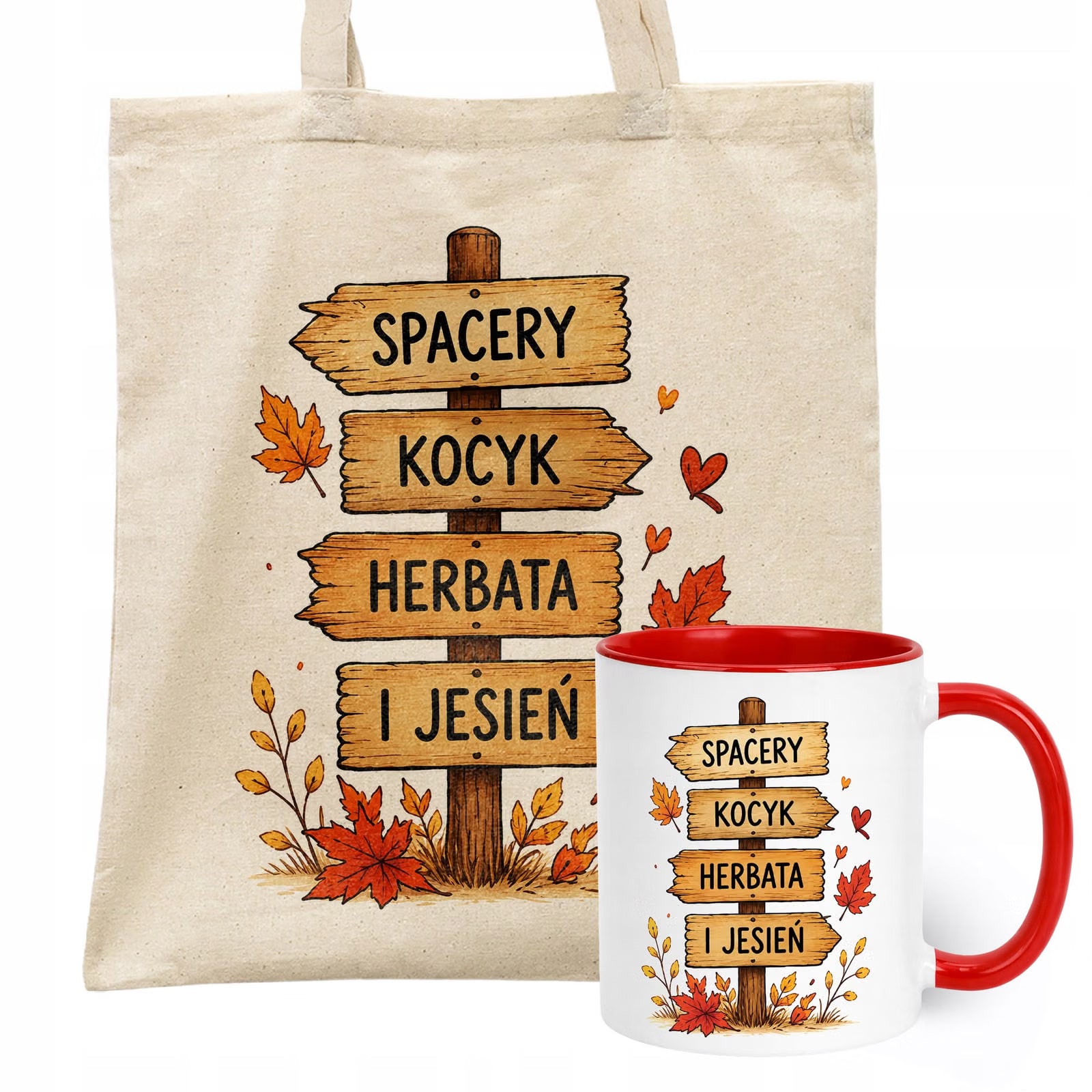 Zestaw Kubek Czerwony Torba Shopper Ecru Z Nadrukiem Jesień Jesienny