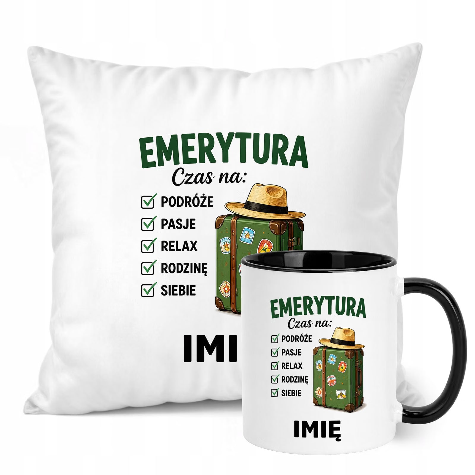 Zestaw Personalizowany Kubek Czarny Poduszka Emerytura Upominek Prezent