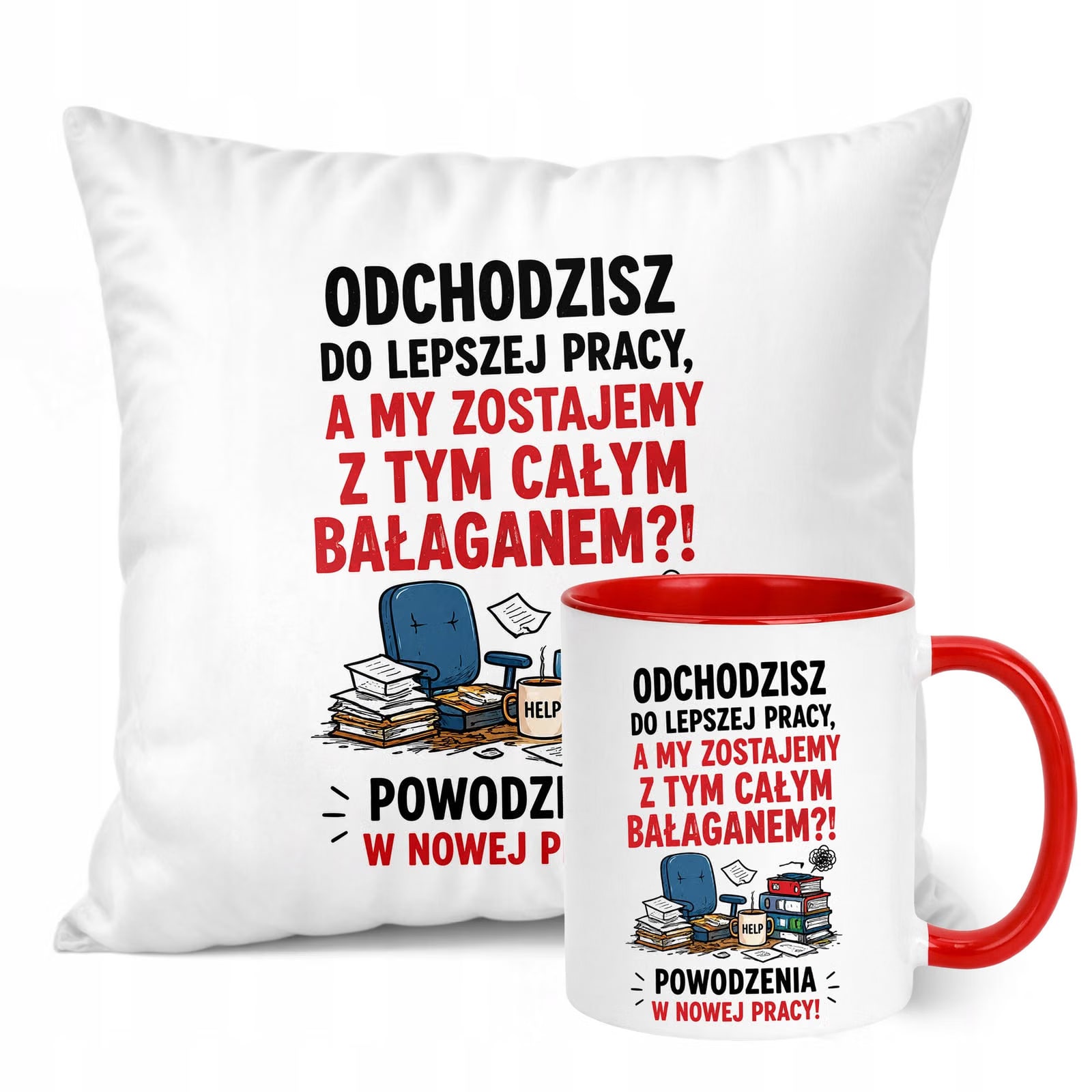 Zestaw Kubek Czerwony Poduszka Z Nadrukiem Odejście z Pracy Prezent