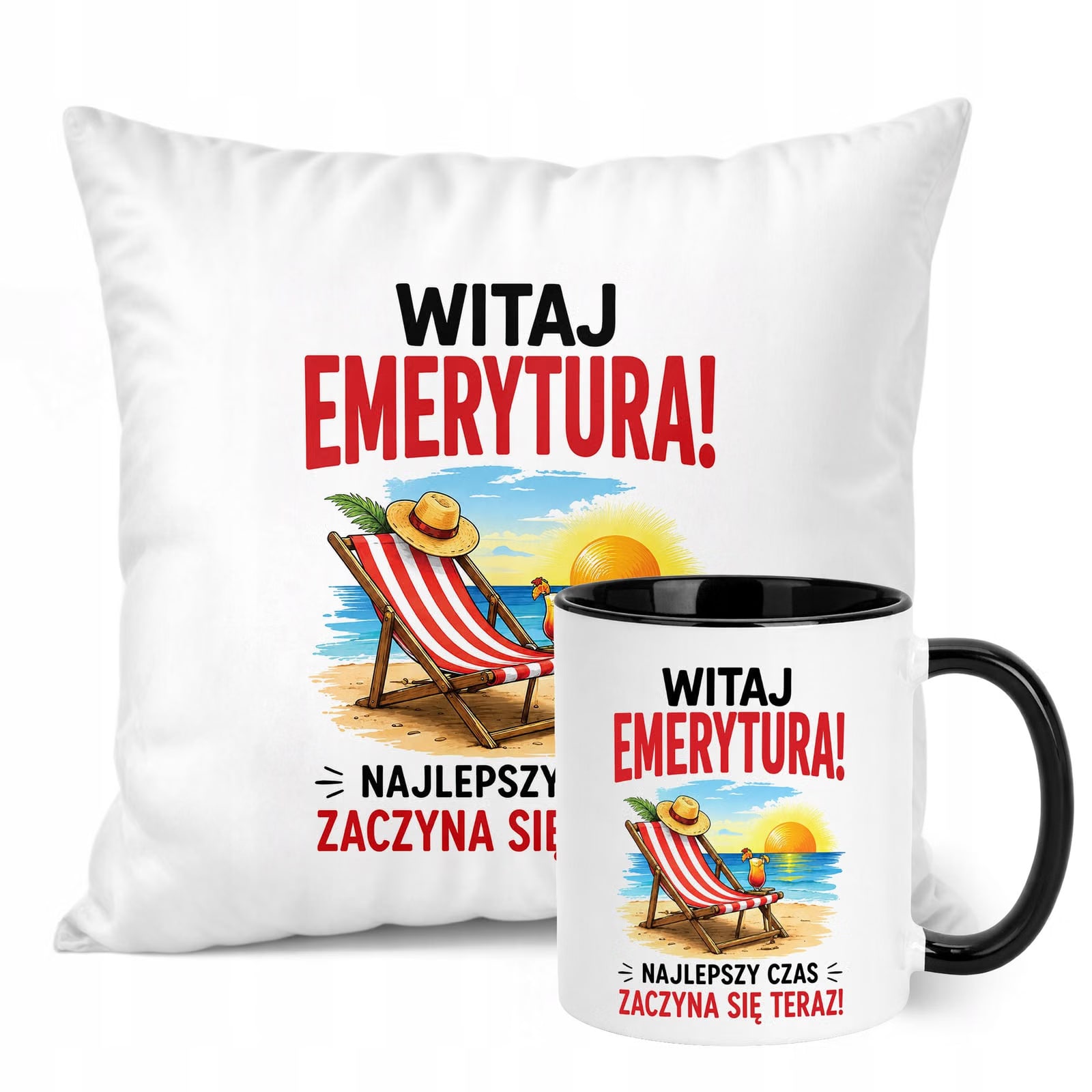 Zestaw Kubek Czarny Poduszka Z Nadrukiem Emerytura Prezent