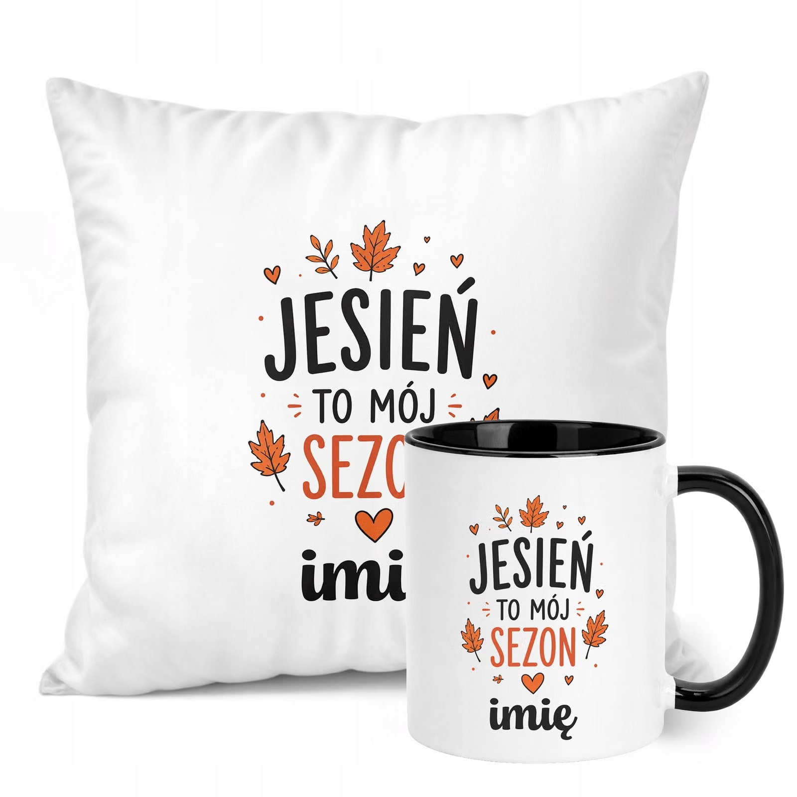 Zestaw Personalizowany Kubek Czarny Poduszka Jesień Jesienny Z Nadrukiem