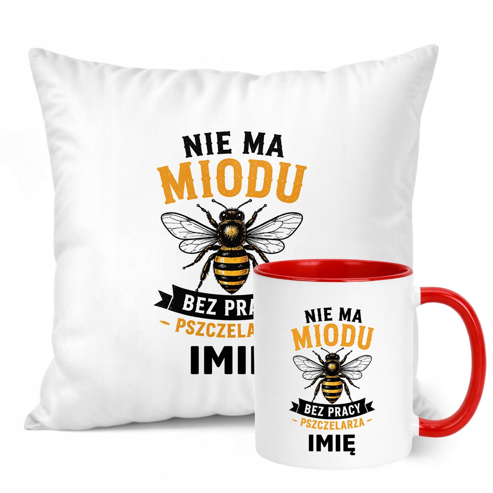Zestaw Personalizowany Kubek Czerwony Poduszka Z Nadrukiem Dla Pszczelarza