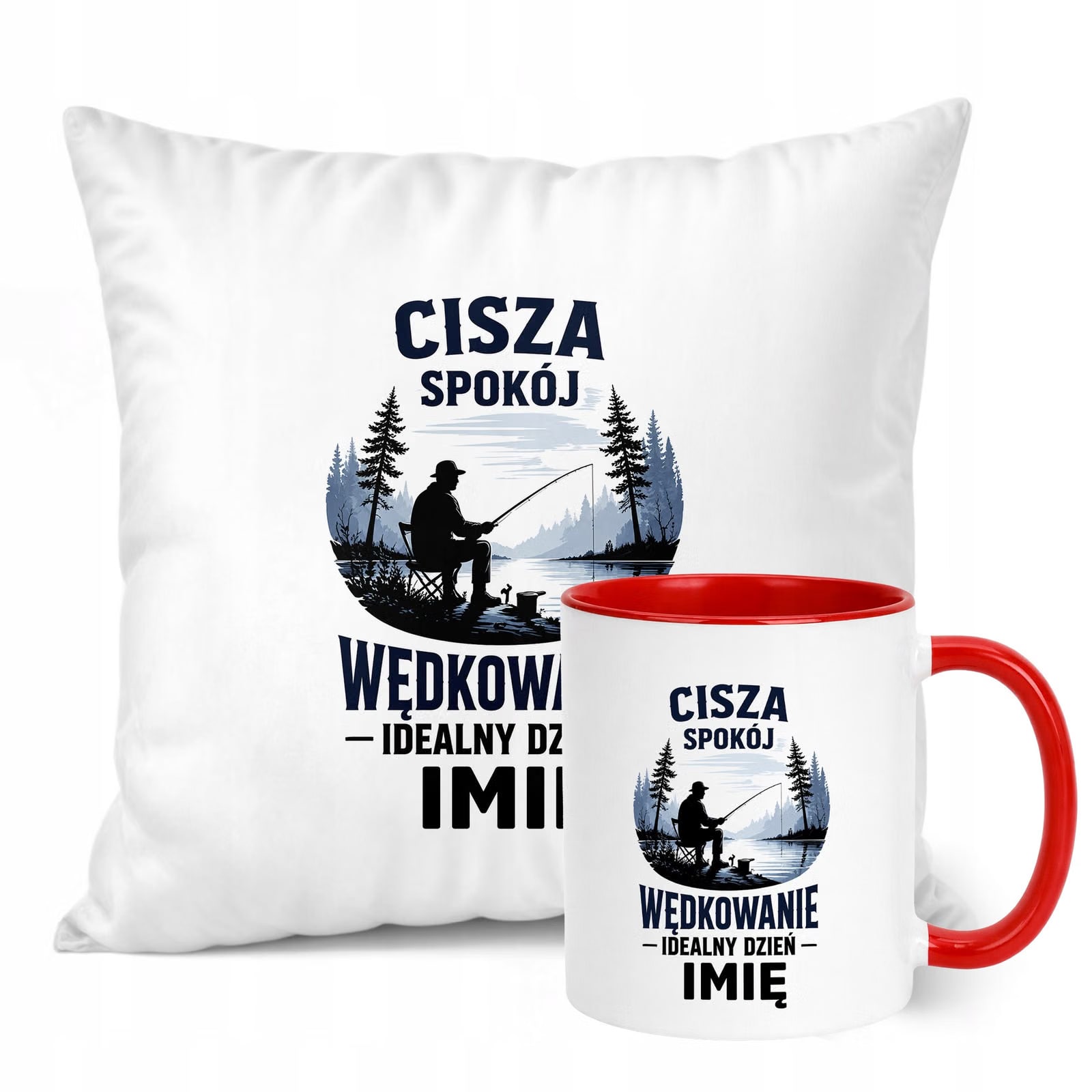 Zestaw Personalizowany Kubek Czerwony Poduszka Z Nadrukiem Dla Wędkarza