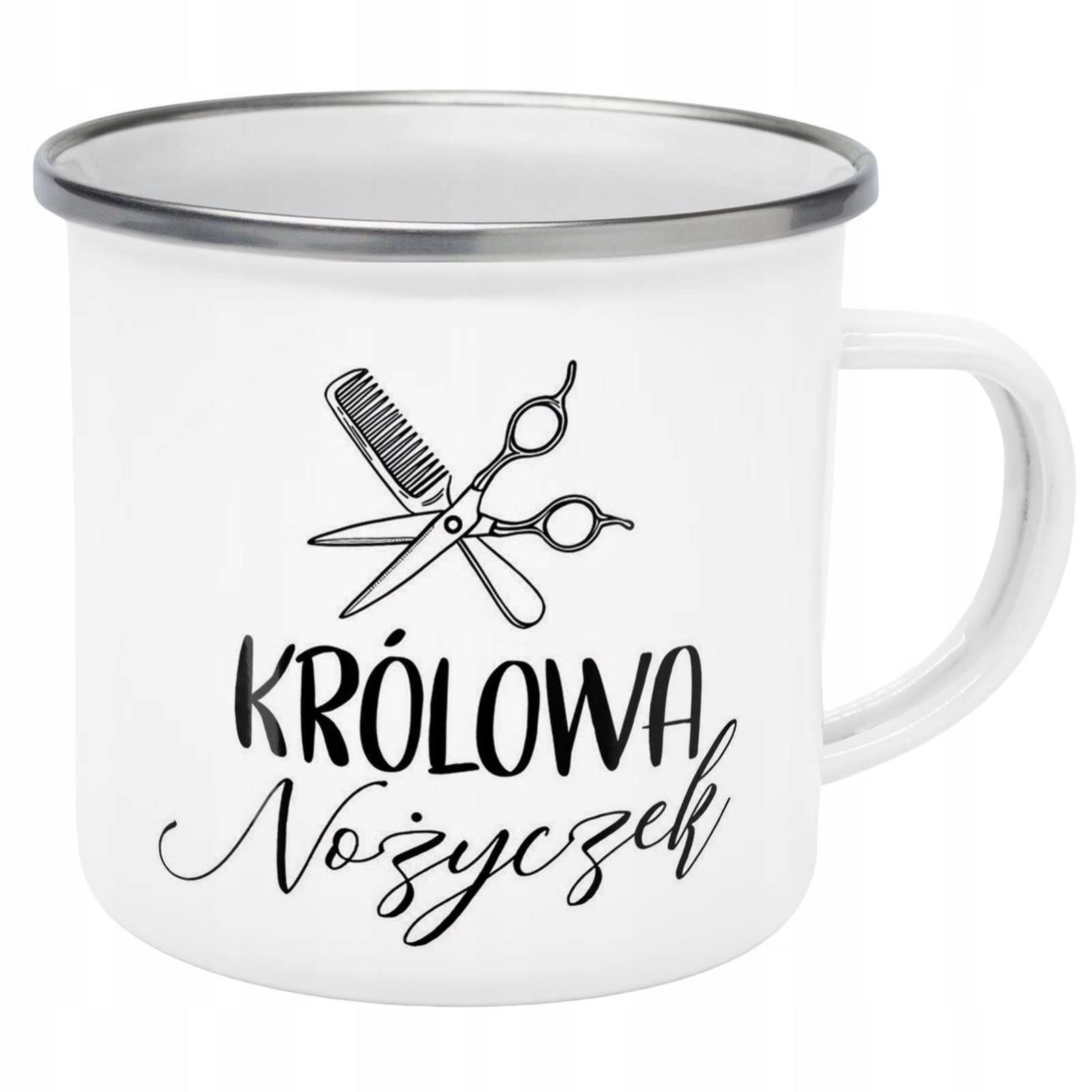 Kubek Emaliowany Królowa Nożyczek Dla Fryzjerki z Nadrukiem Biały Metalowy