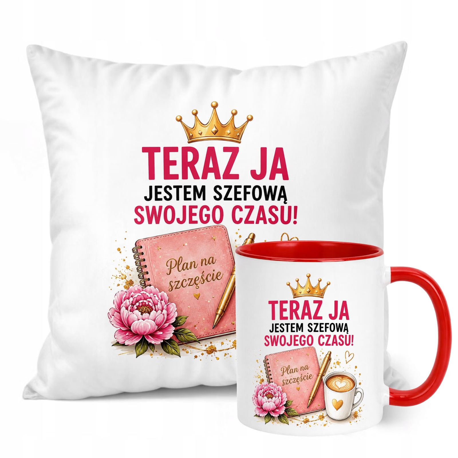 Zestaw Kubek Czerwony Poduszka Z Nadrukiem Emerytura Dla Emerytki Prezent