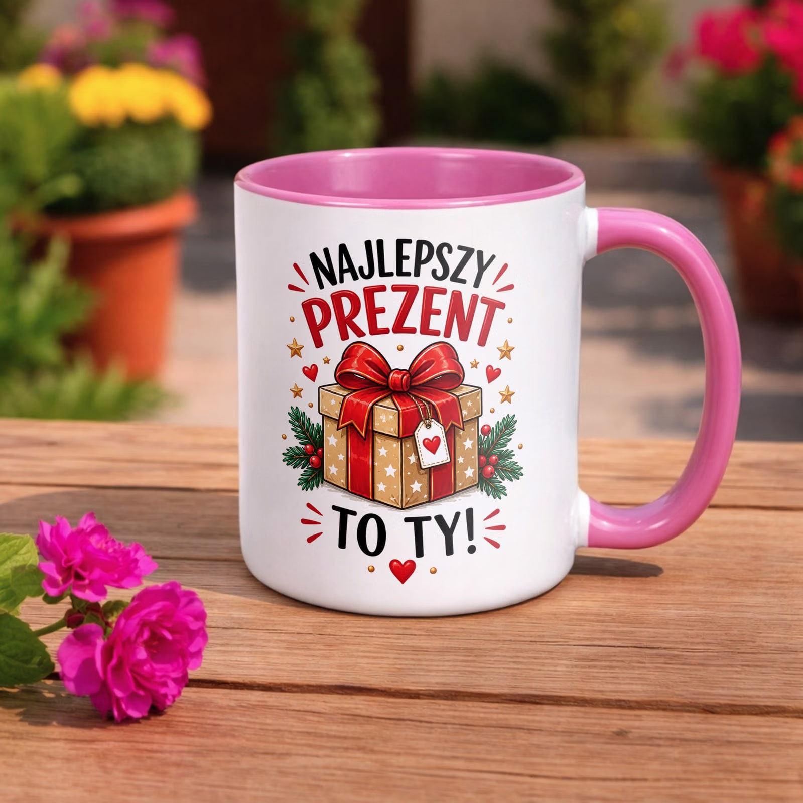 Kubek Różowy z Nadrukiem Boże Narodzenie Mikołajki Najlepszy Prezent To Ty