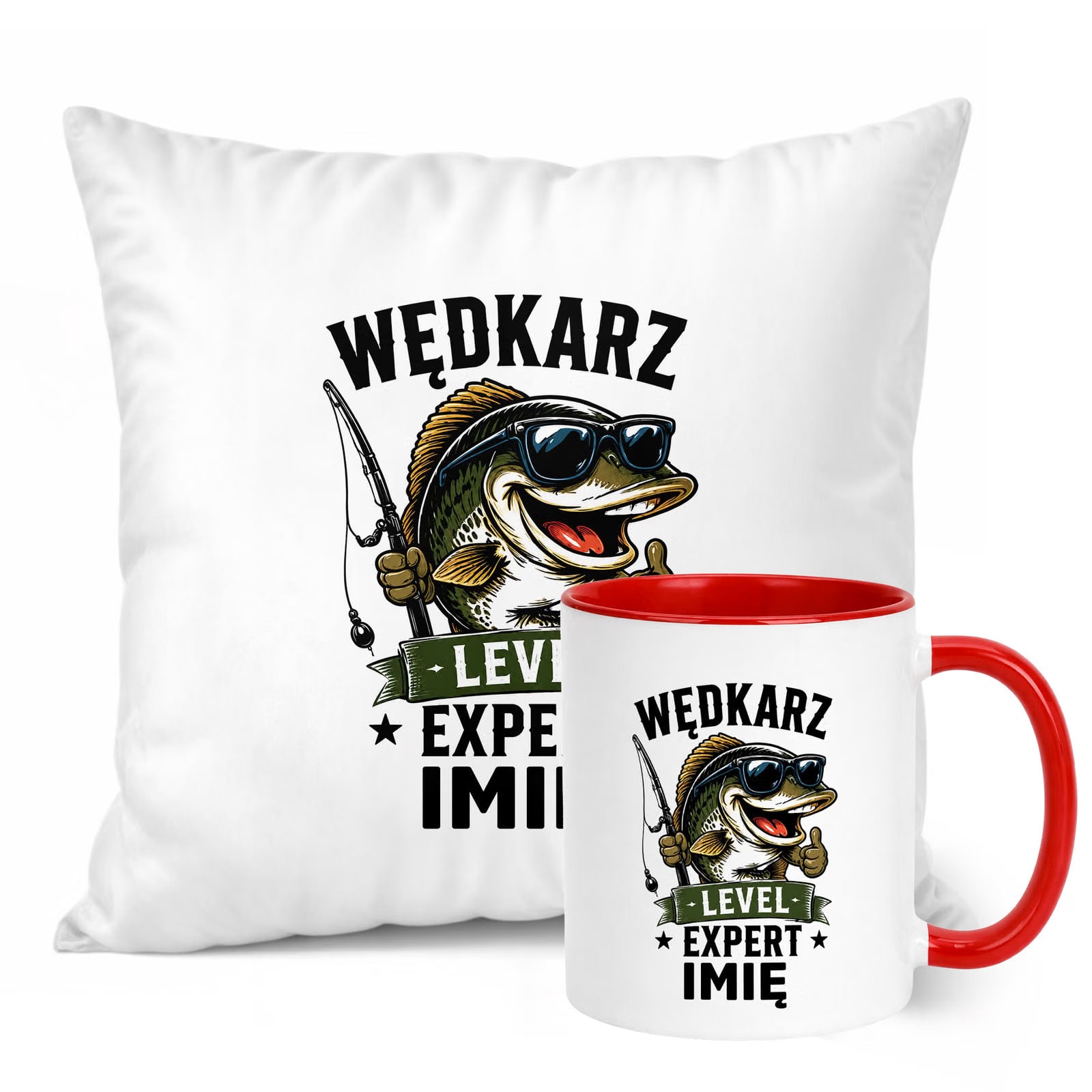 Zestaw Personalizowany Kubek Czerwony Poduszka Z Nadrukiem Dla Wędkarza