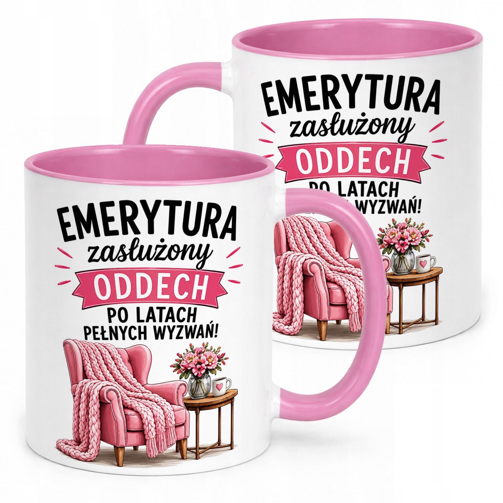 Kubek Różowy z nadrukiem Emerytura Dla Emerytki Upominek Prezent