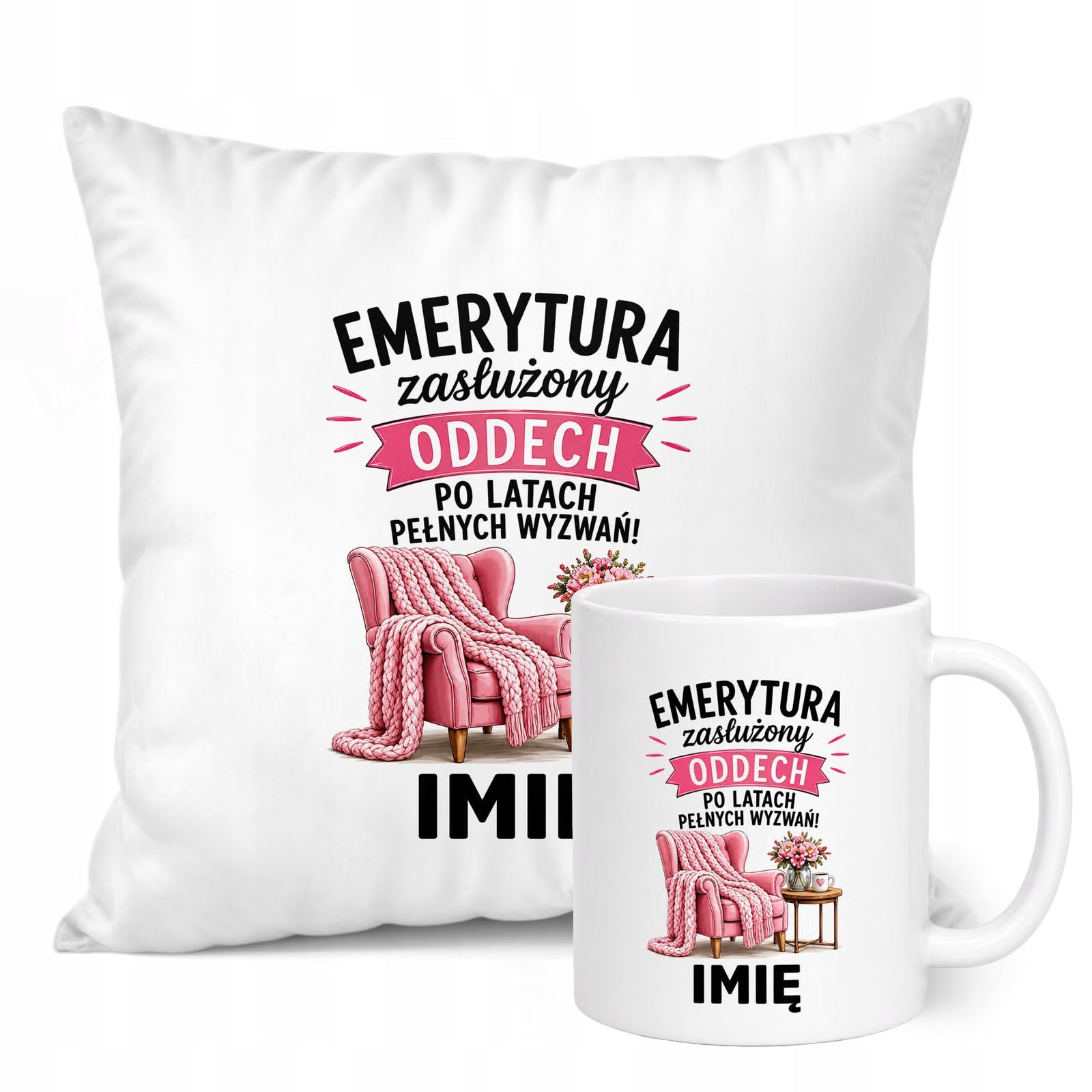 Zestaw Personalizowany Kubek Biały Poduszka Emerytura Dla Emerytki Prezent