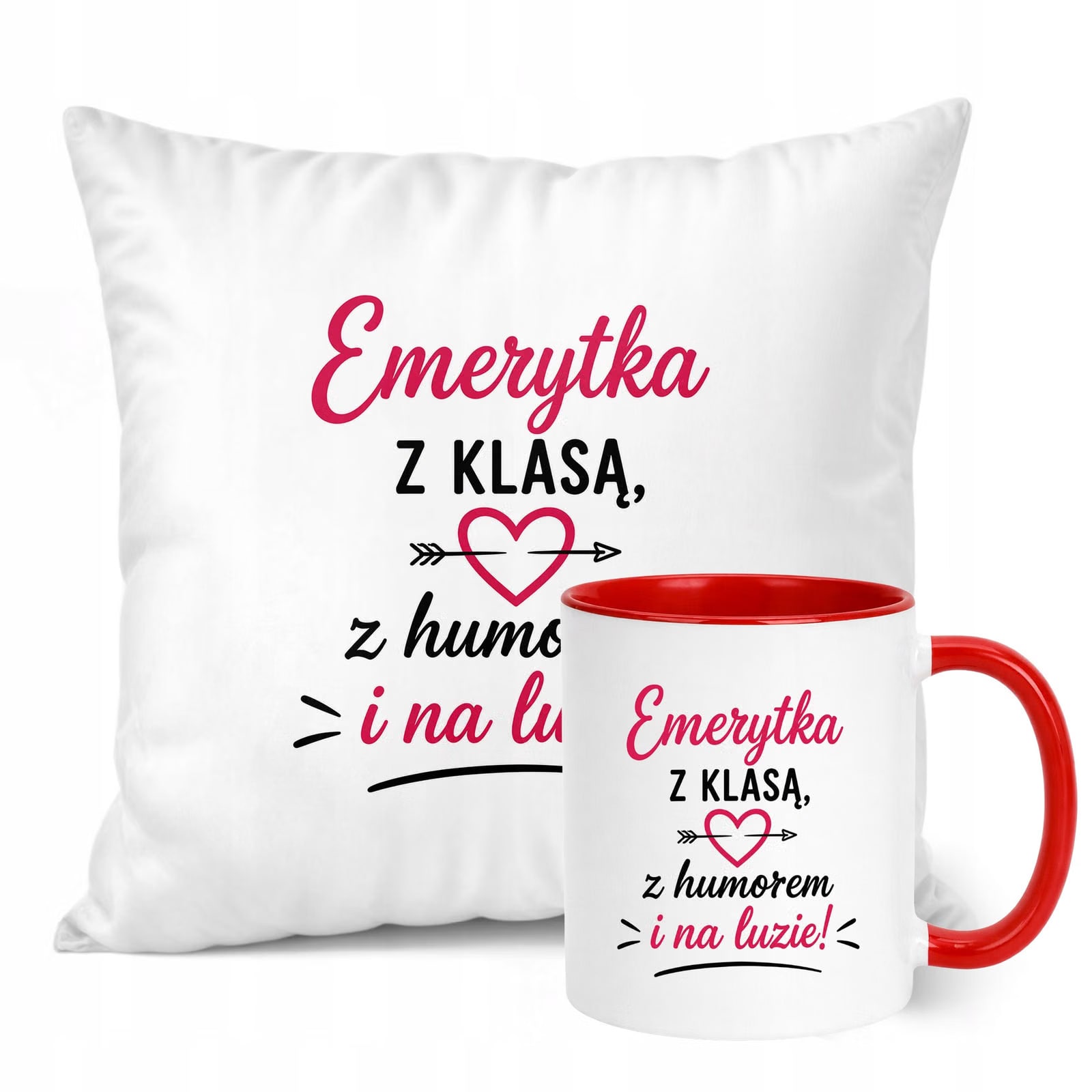 Zestaw Kubek Czerwony Poduszka Z Nadrukiem Emerytura Dla Emerytki Prezent