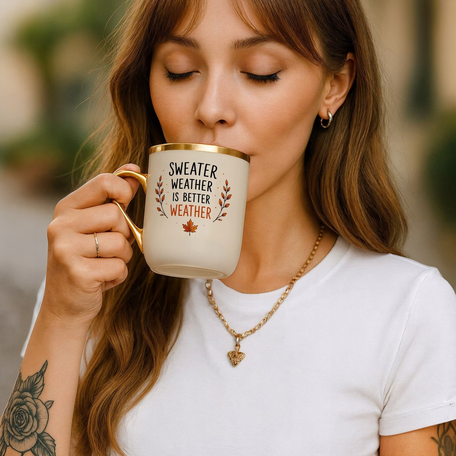 Zestaw Kubek Premium Złoty Ecru Torba Shopper Ecru Z Nadrukiem Jesień
