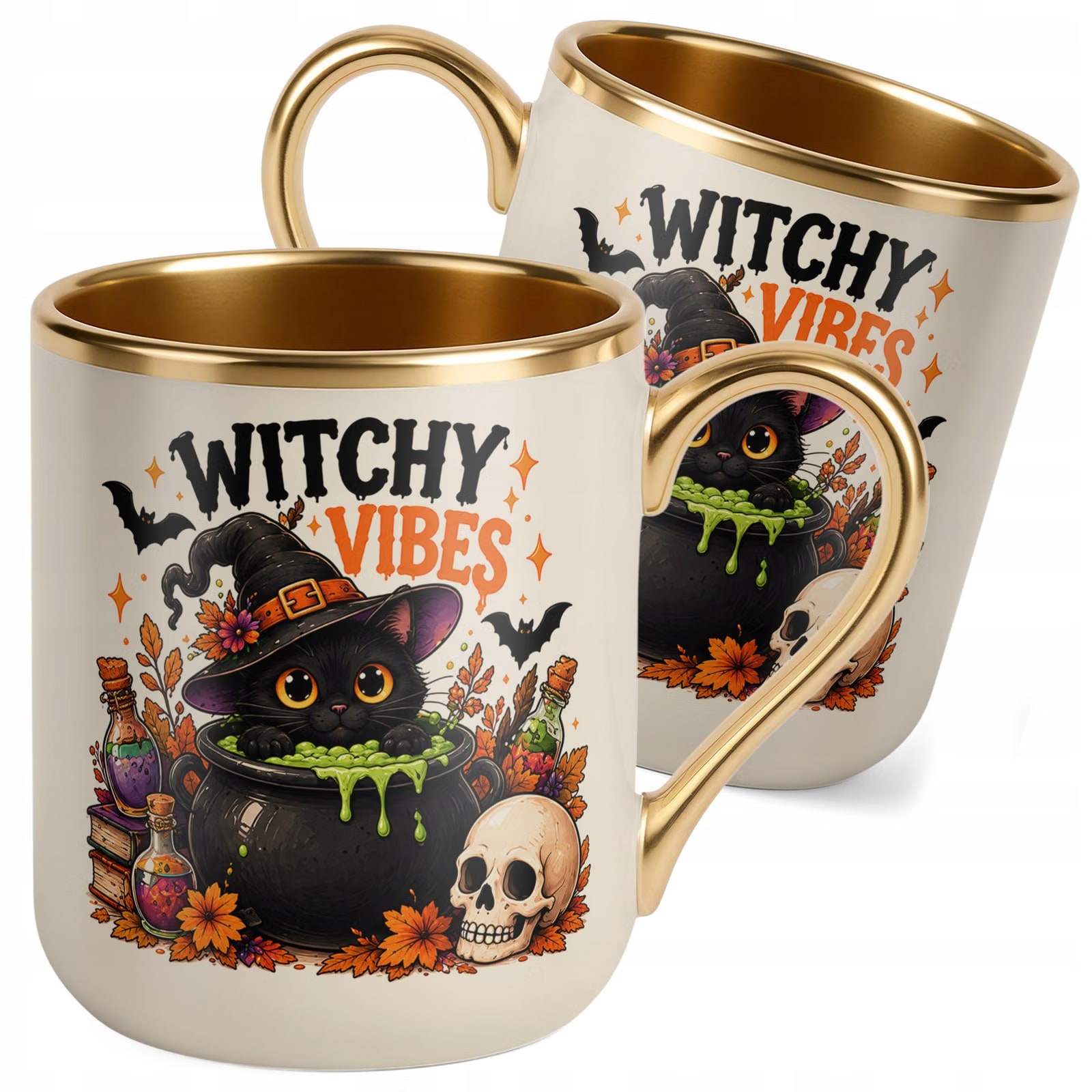 Kubek Premium Złoty Ecru z Nadrukiem Halloween Jesień Prezent
