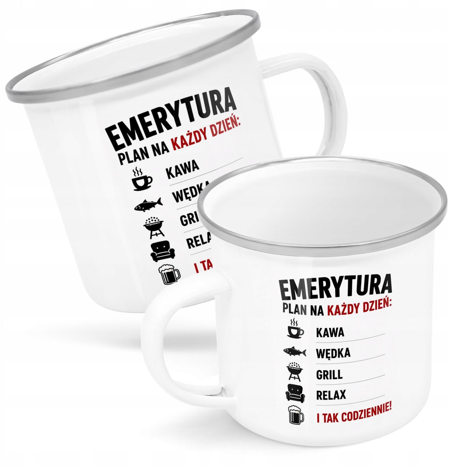 Kubek Emaliowany Emerytura Dla Emeryta z Nadrukiem Biały Metalowy Prezent