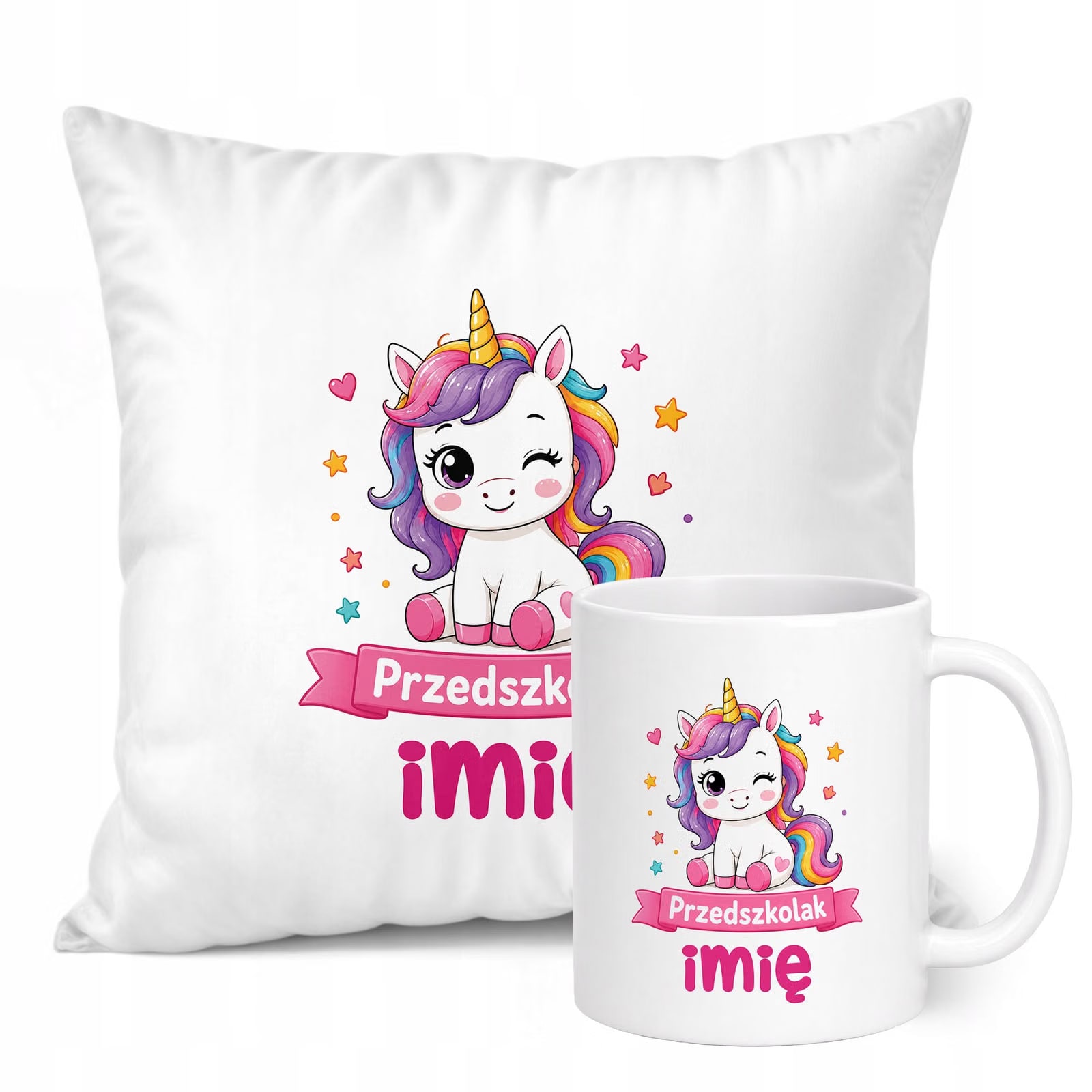 Zestaw Personalizowany Kubek Biały Poduszka Przedszkolak Jednorożec