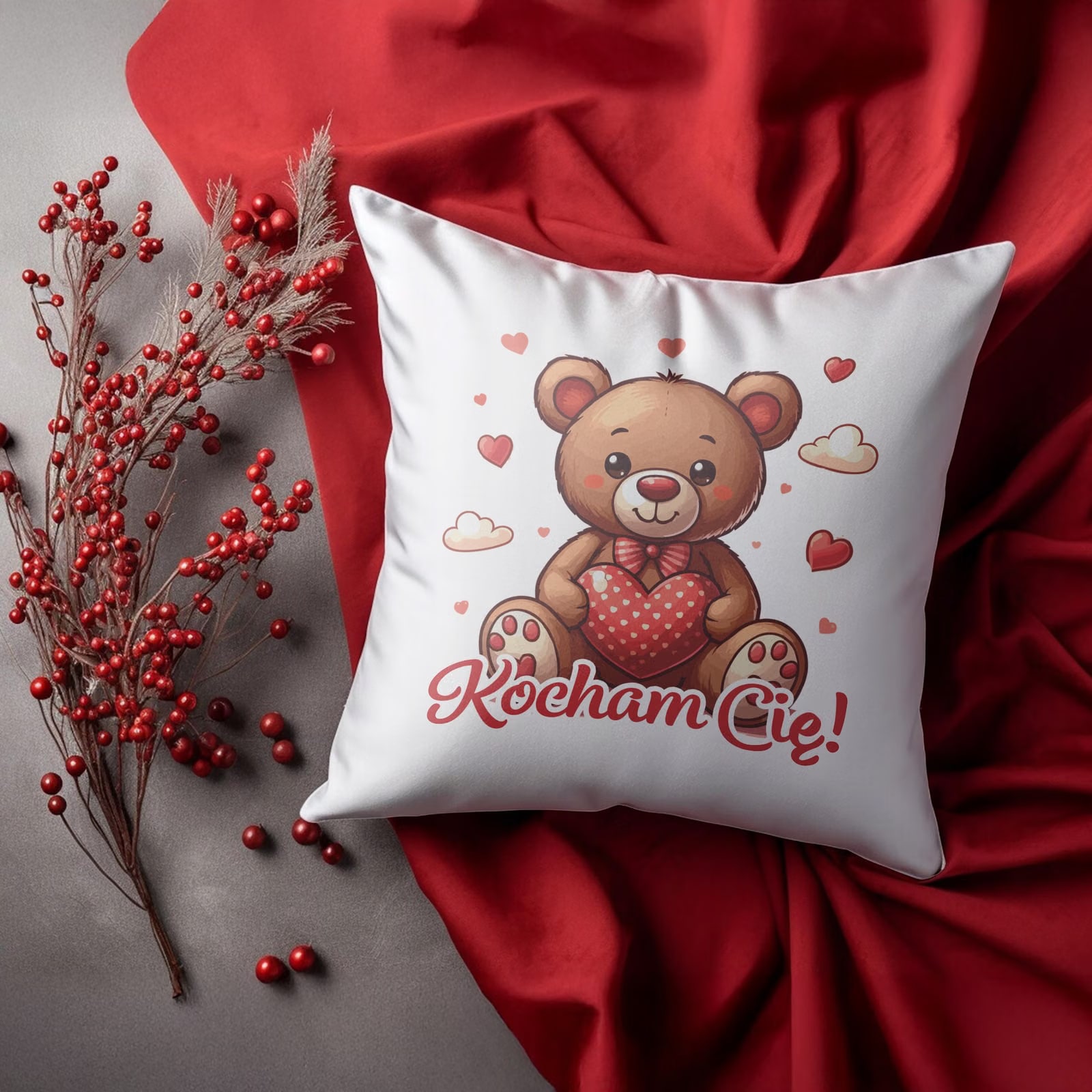 Zestaw Kubek + Poduszka 38×38 cm Walentynki Kocham Cię Miś Serce Prezent