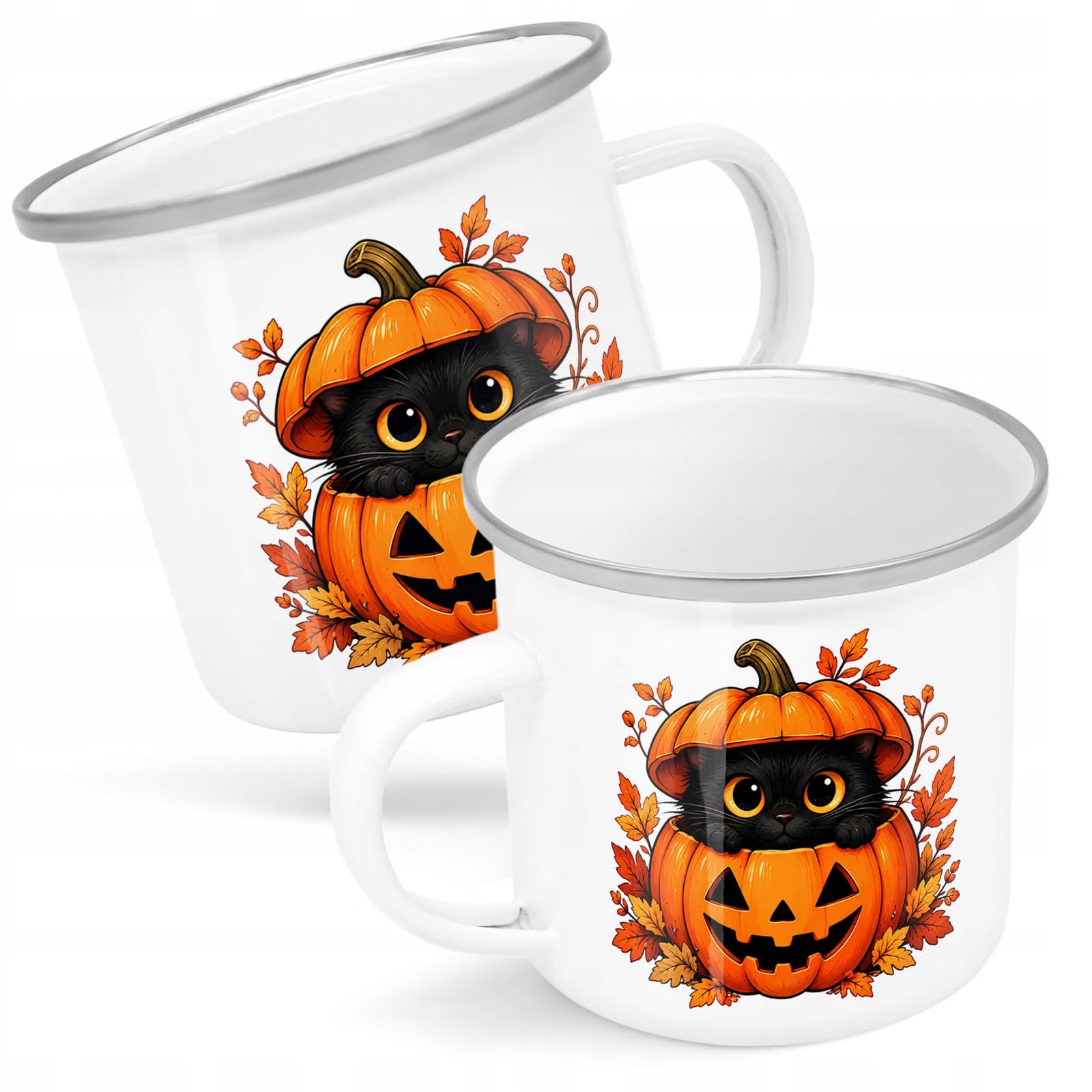 Kubek Emaliowany Halloween Kot Dynia z Nadrukiem Biały Metalowy Prezent