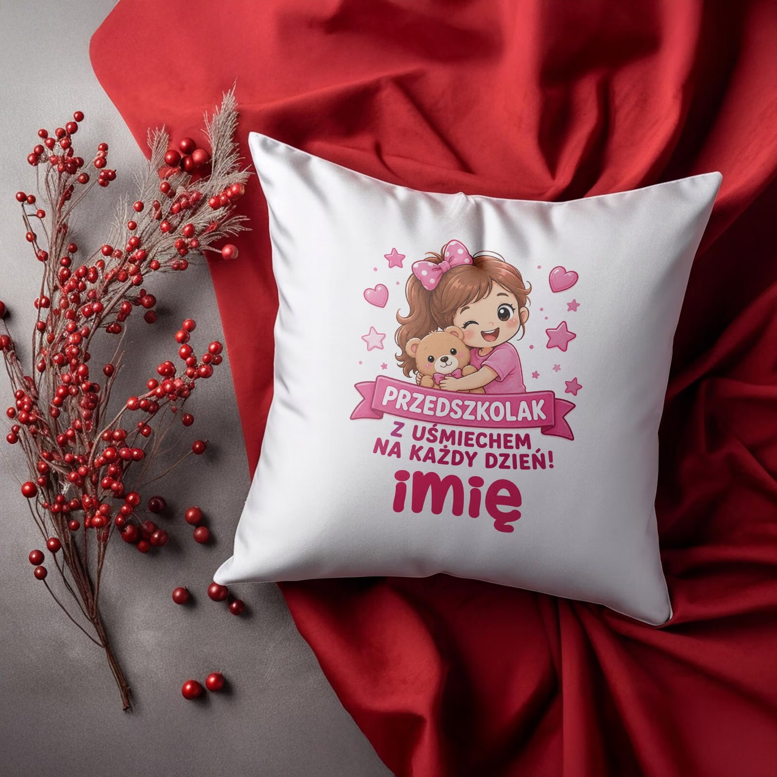 Zestaw Personalizowany Kubek Różowy Poduszka Przedszkolak Prezent