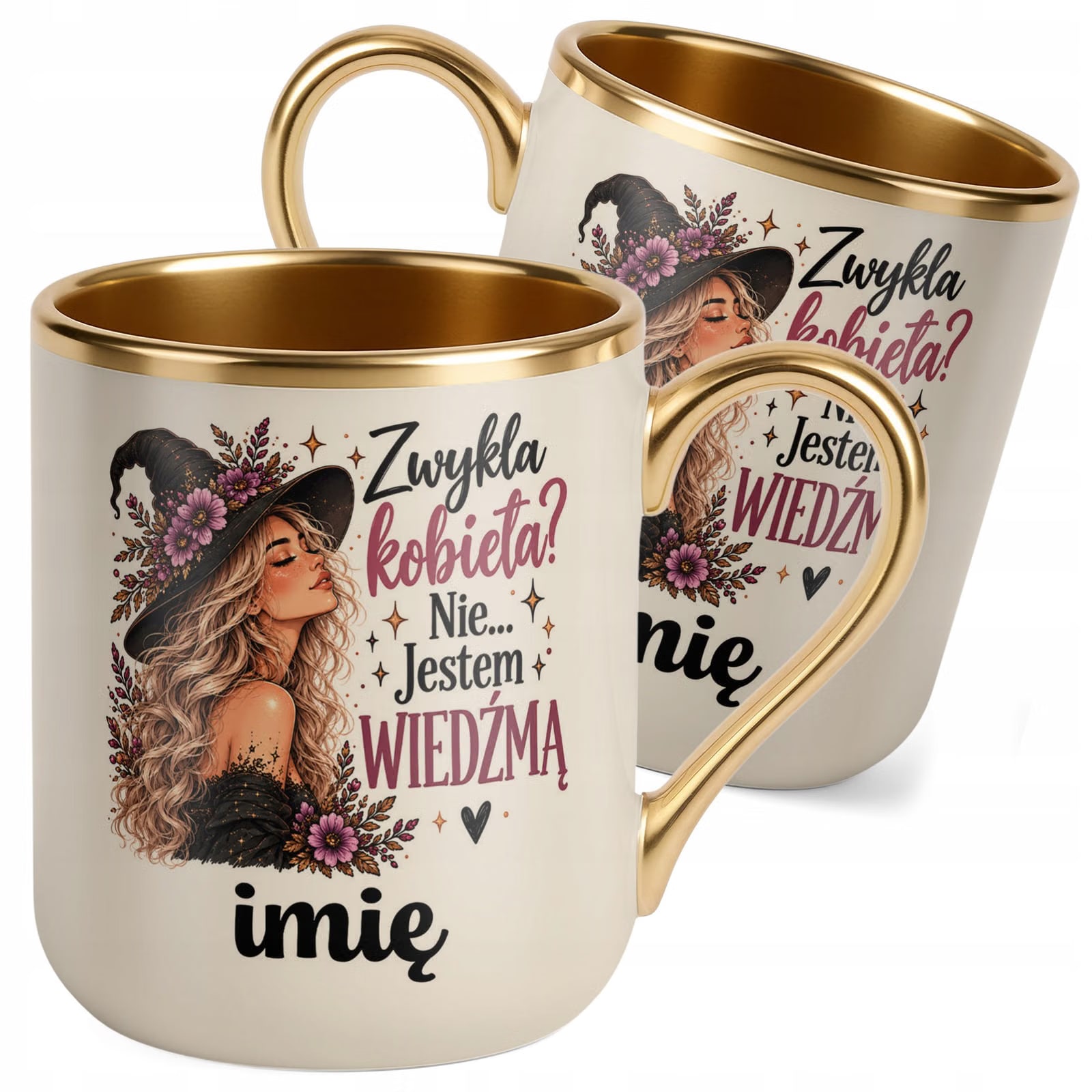 Kubek Personalizowany Premium Złoty Ecru z Nadrukiem Wiedźma
