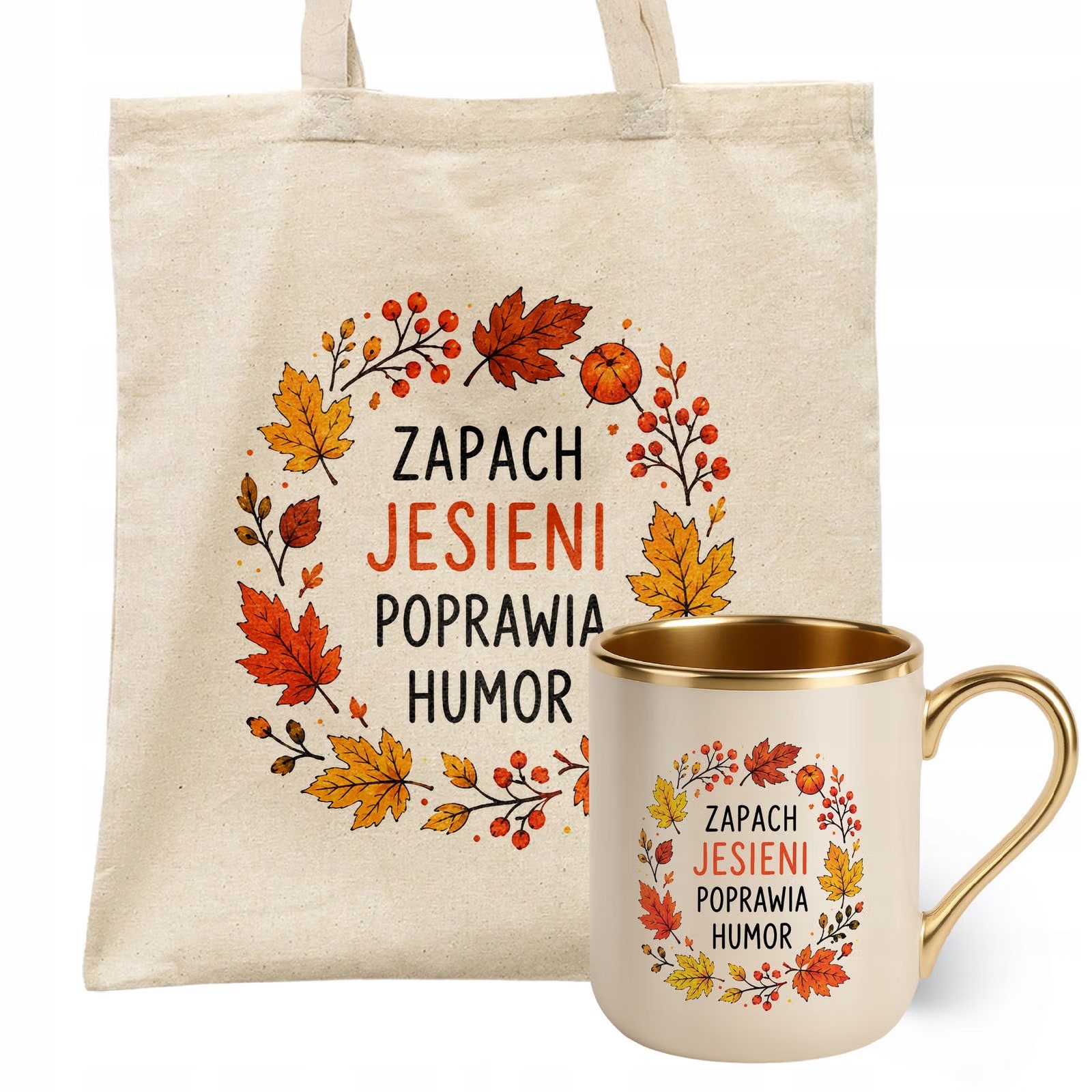 Zestaw Kubek Premium Złoty Ecru Torba Shopper Ecru Z Nadrukiem Jesień