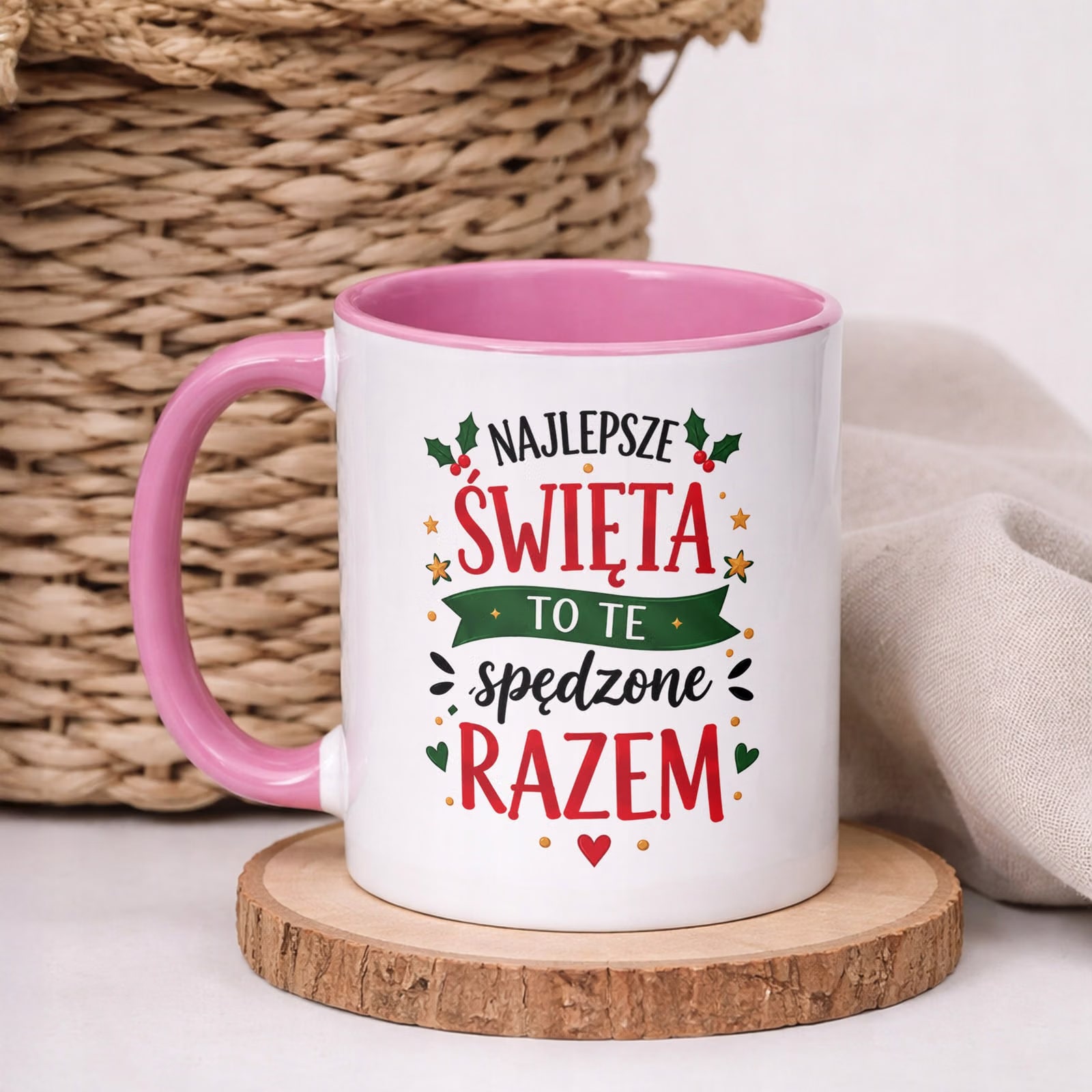 Kubek Różowy z Nadrukiem Boże Narodzenie Mikołajki Najlepsze Święta Prezent