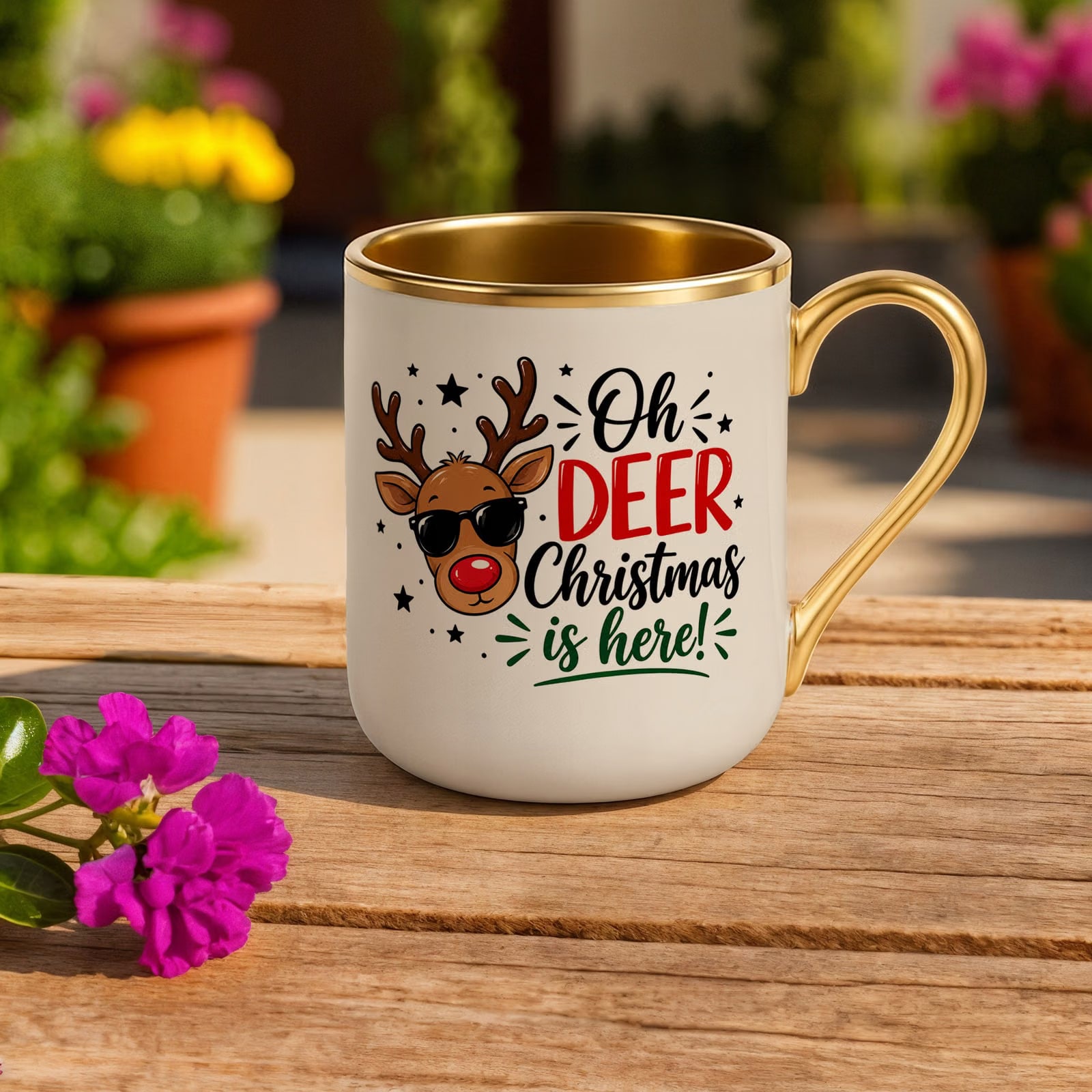 Kubek Premium Złoty Ecru Boże Narodzenie Mikołajki Oh Deer Renifer Prezent