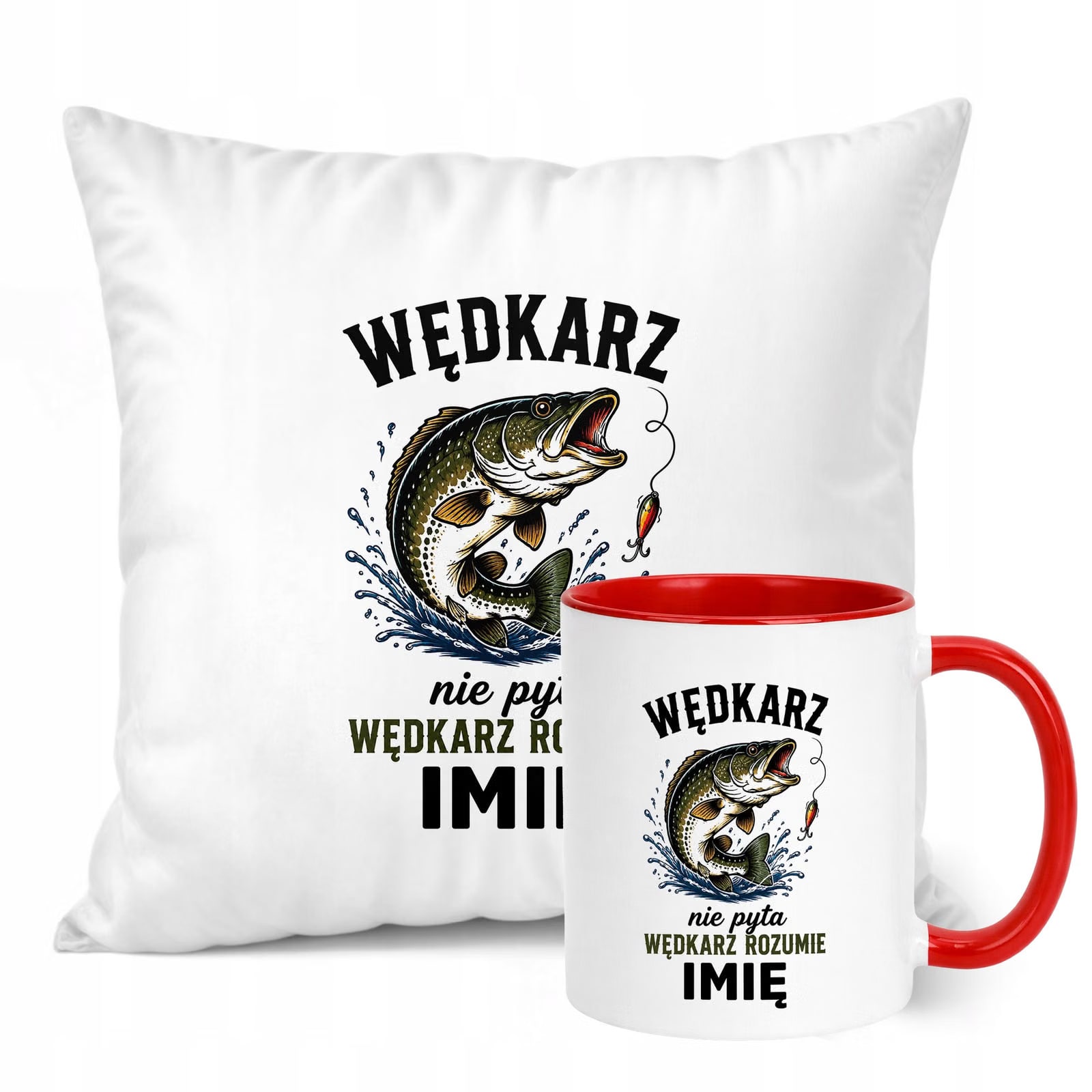 Zestaw Personalizowany Kubek Czerwony Poduszka Z Nadrukiem Dla Wędkarza