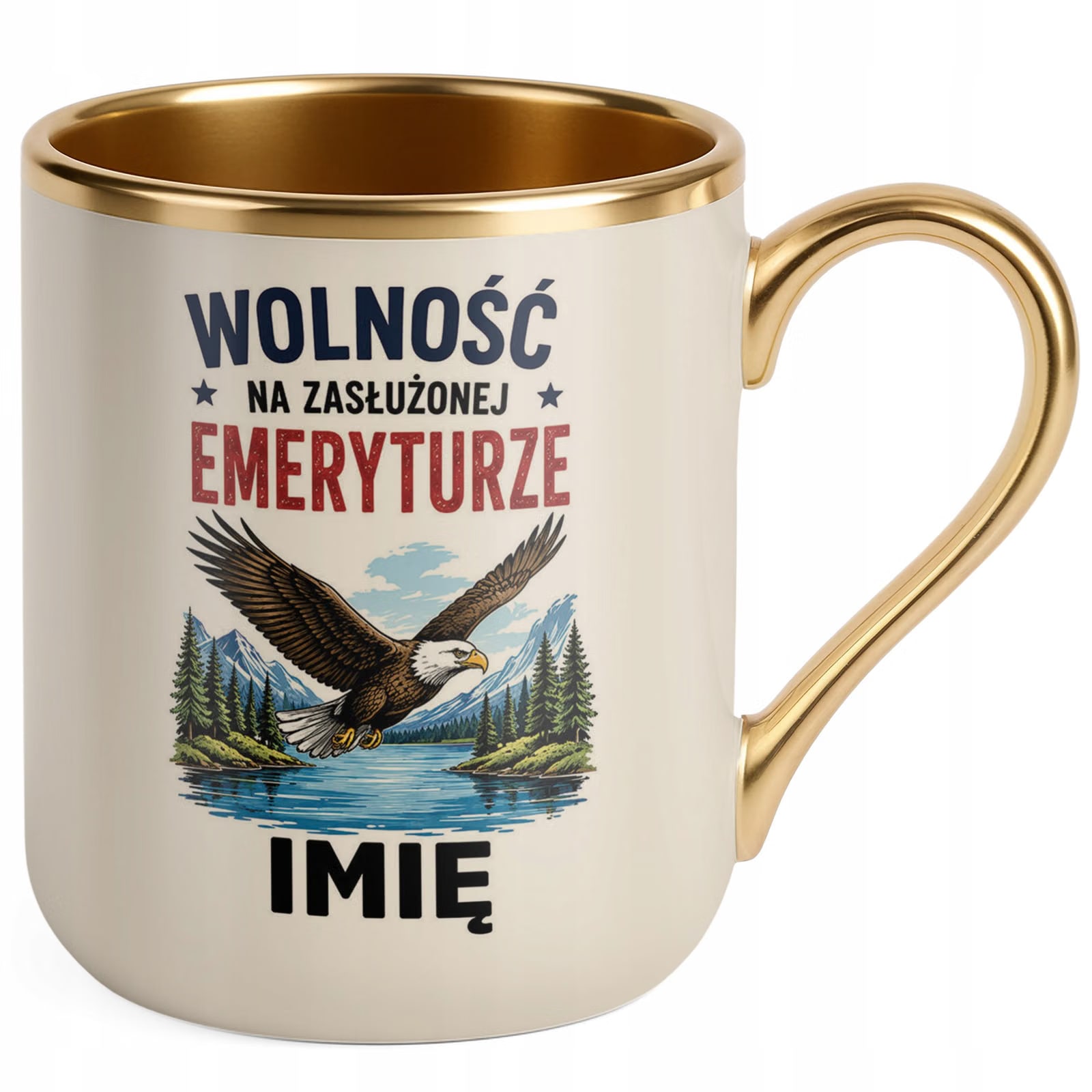Kubek Personalizowany z nadrukiem Premium Złoty Ecru Emerytura Prezent