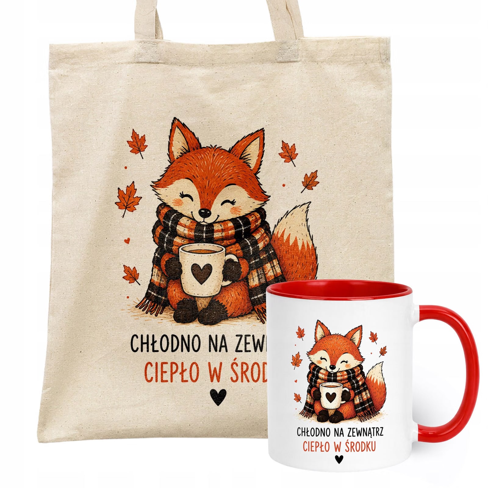 Zestaw Kubek Czerwony Torba Shopper Ecru Z Nadrukiem Jesień Jesienny