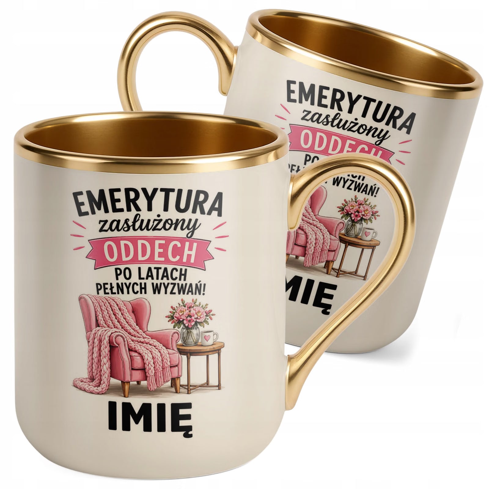 Kubek Personalizowany z nadrukiem Premium Złoty Ecru Emerytura Prezent