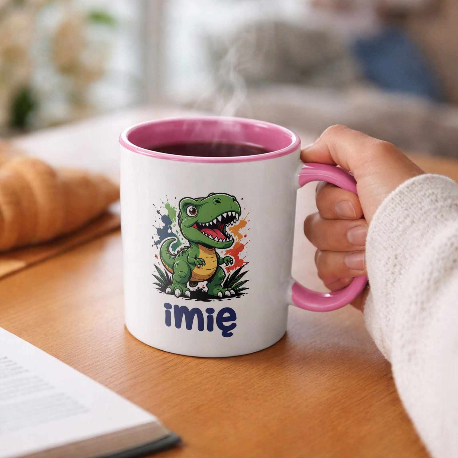 Kubek Różowy z nadrukiem personalizowany Dinozaur Dla Dzieci Prezent