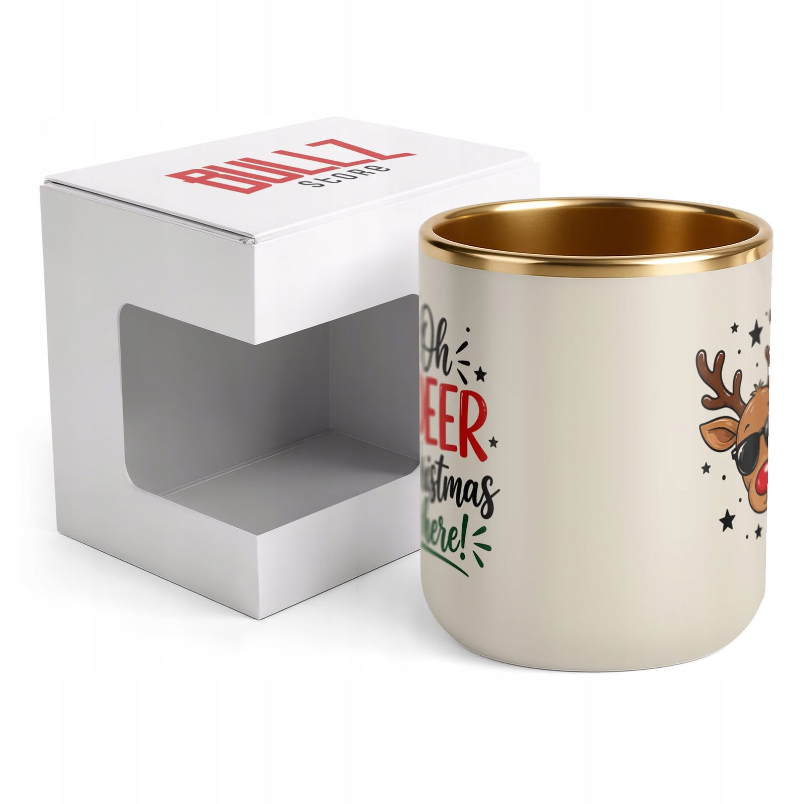 Kubek Premium Złoty Ecru Boże Narodzenie Mikołajki Oh Deer Renifer Prezent