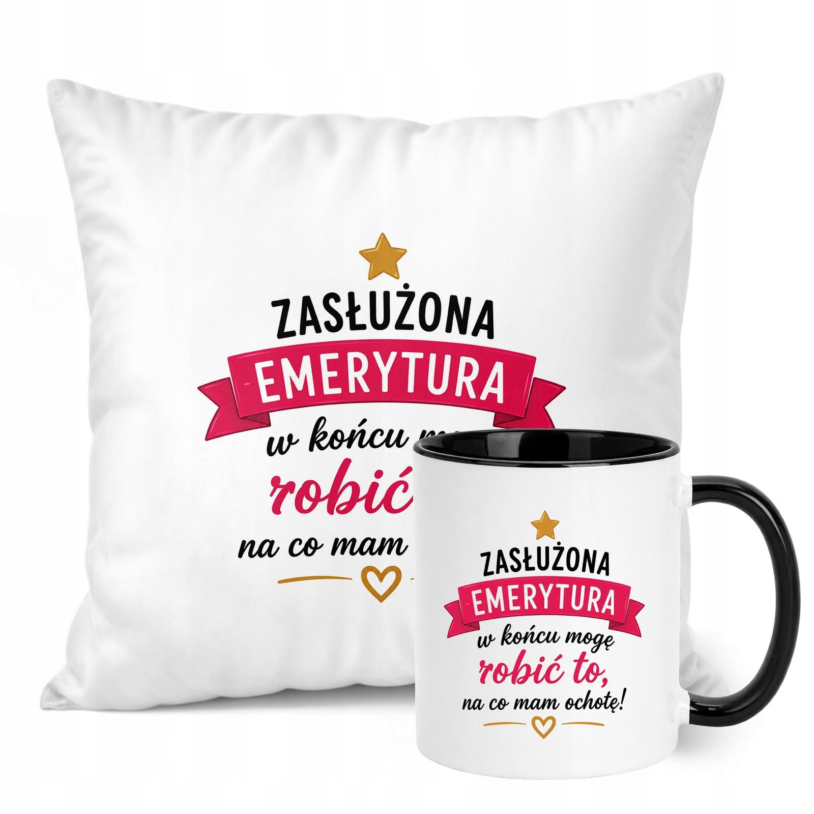 Zestaw Kubek Czarny Poduszka Z Nadrukiem Emerytura Dla Emerytki Prezent