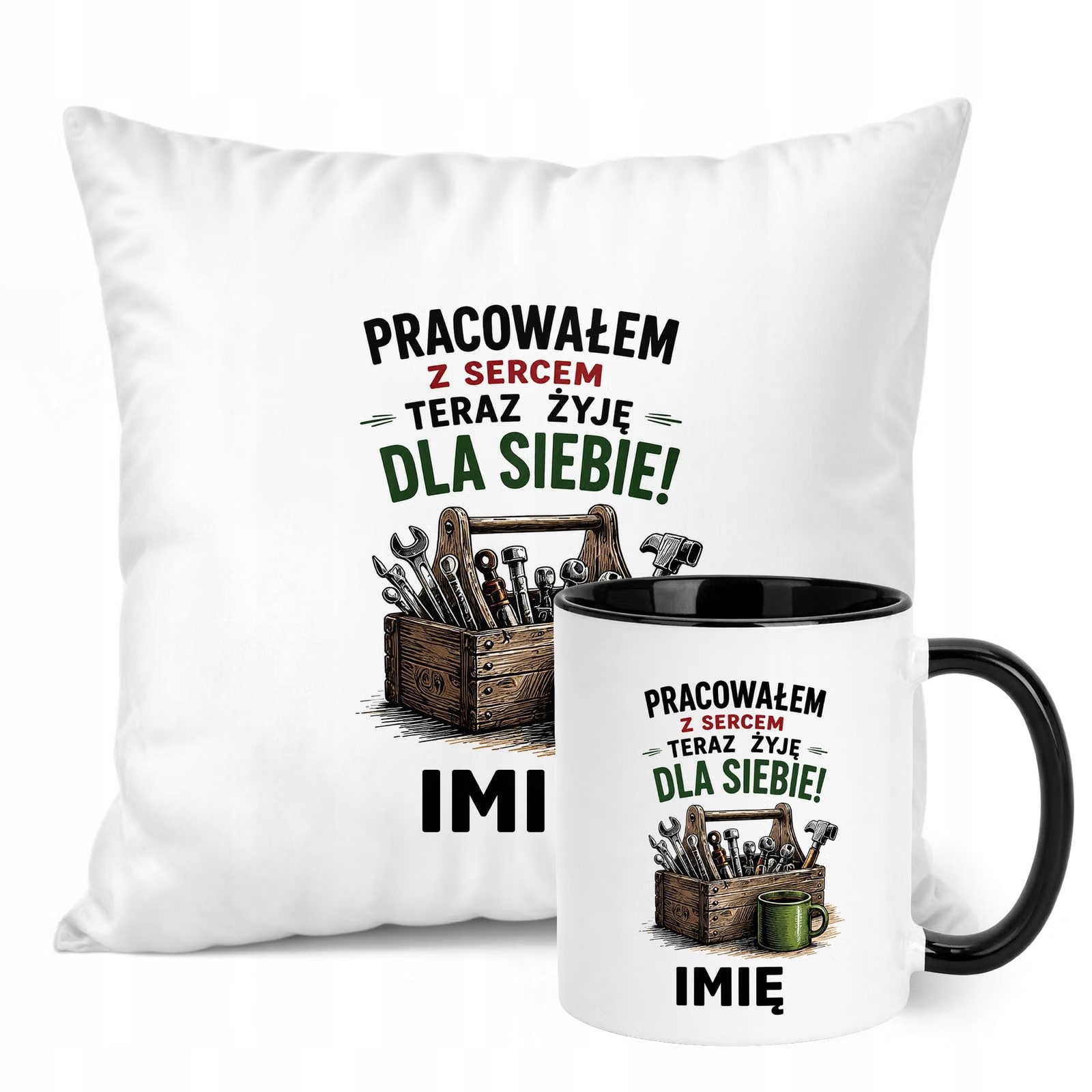 Zestaw Personalizowany Kubek Czarny Poduszka Emerytura Upominek Prezent