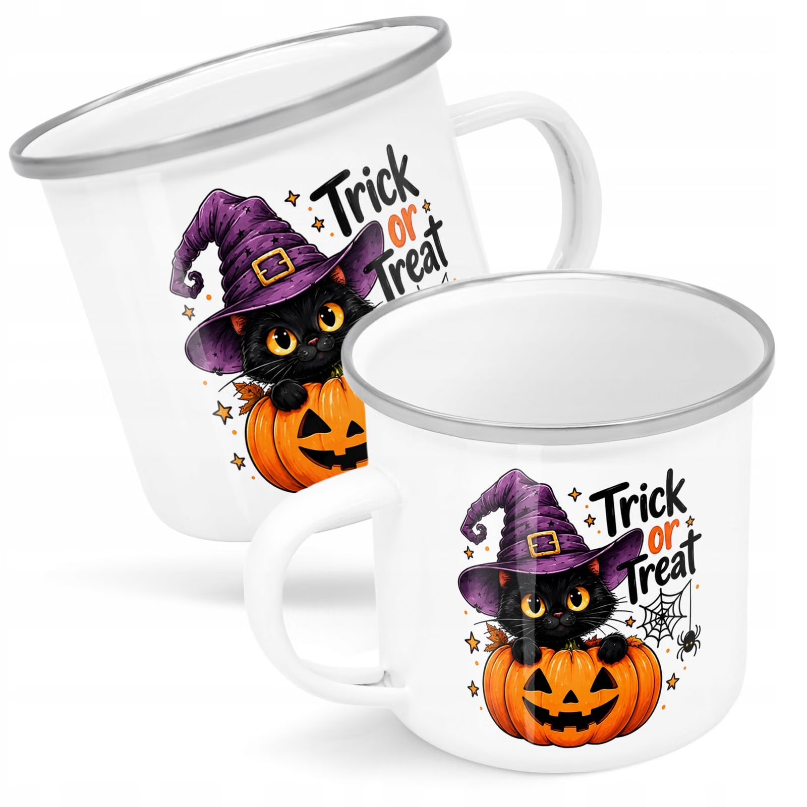 Kubek Emaliowany Halloween Kot Dynia z Nadrukiem Biały Metalowy Prezent