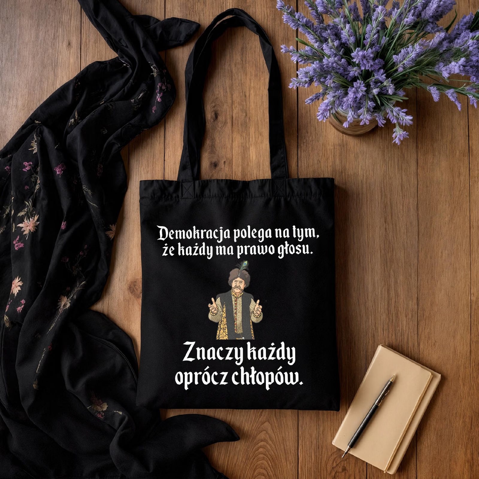 Torba bawełniana czarna na zakupy 1670 Demokracja Polega Na Tym