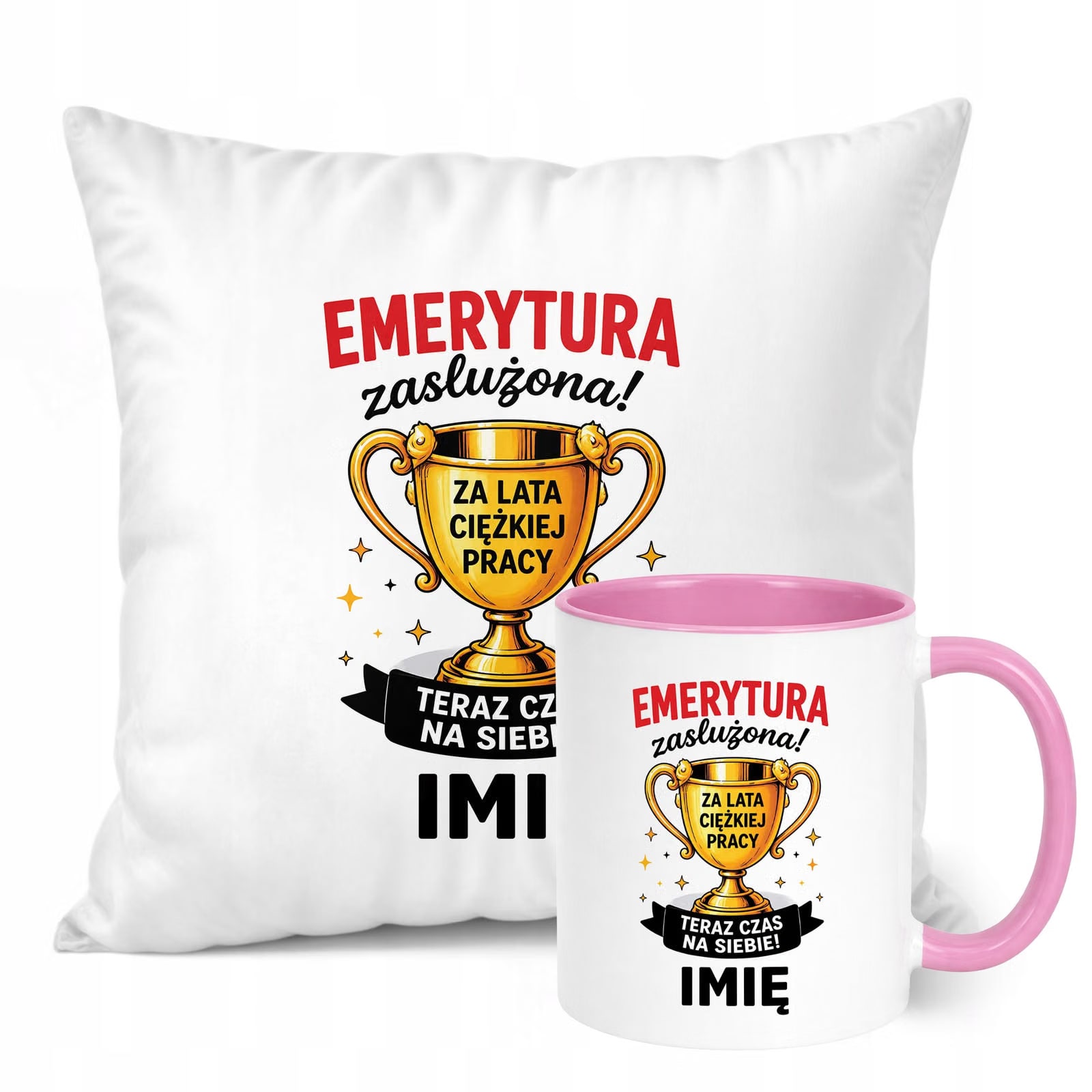 Zestaw Personalizowany Kubek Różowy Poduszka Emerytura Upominek Prezent