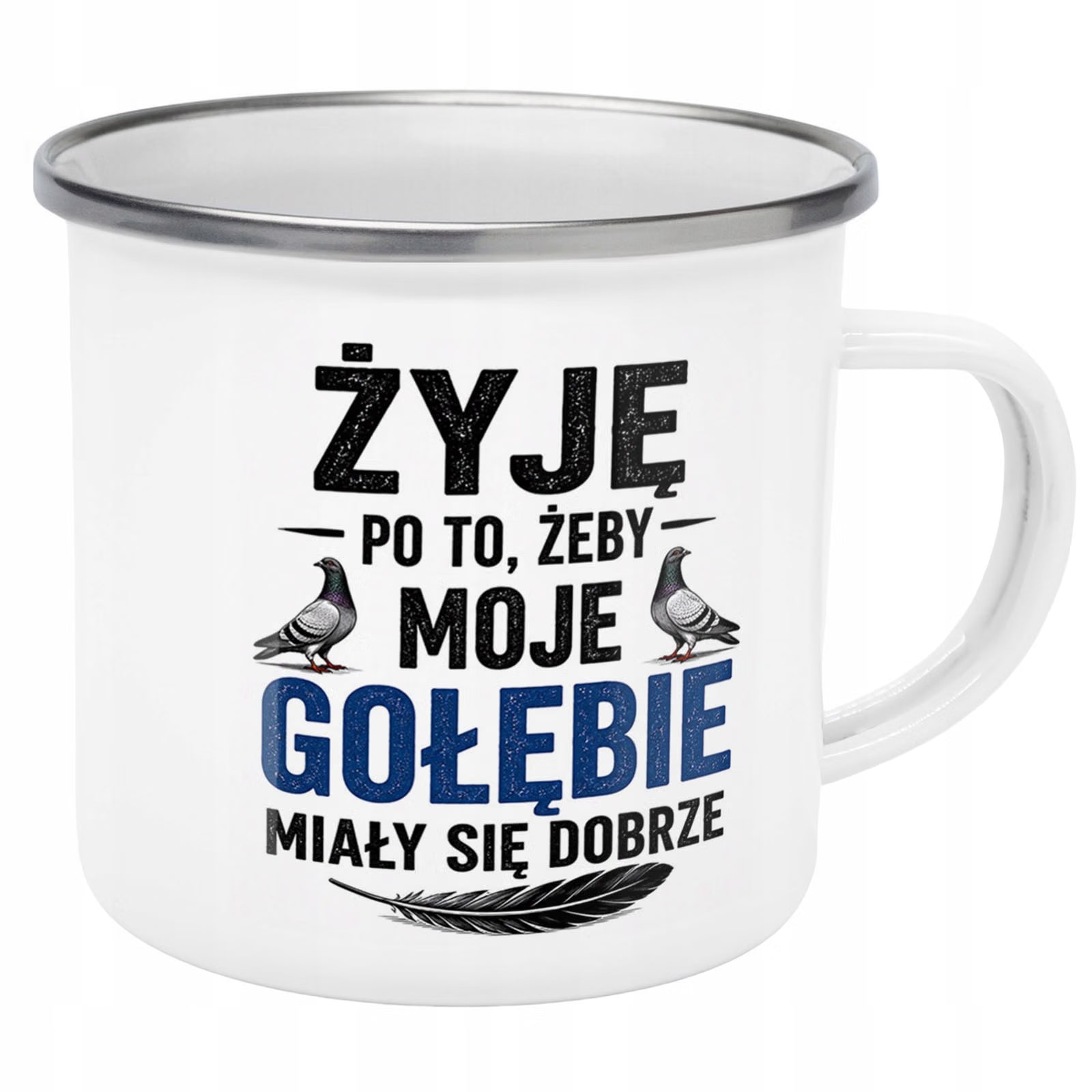 Kubek Emaliowany Dla Hodowcy Gołębi z Nadrukiem Biały Metalowy Prezent