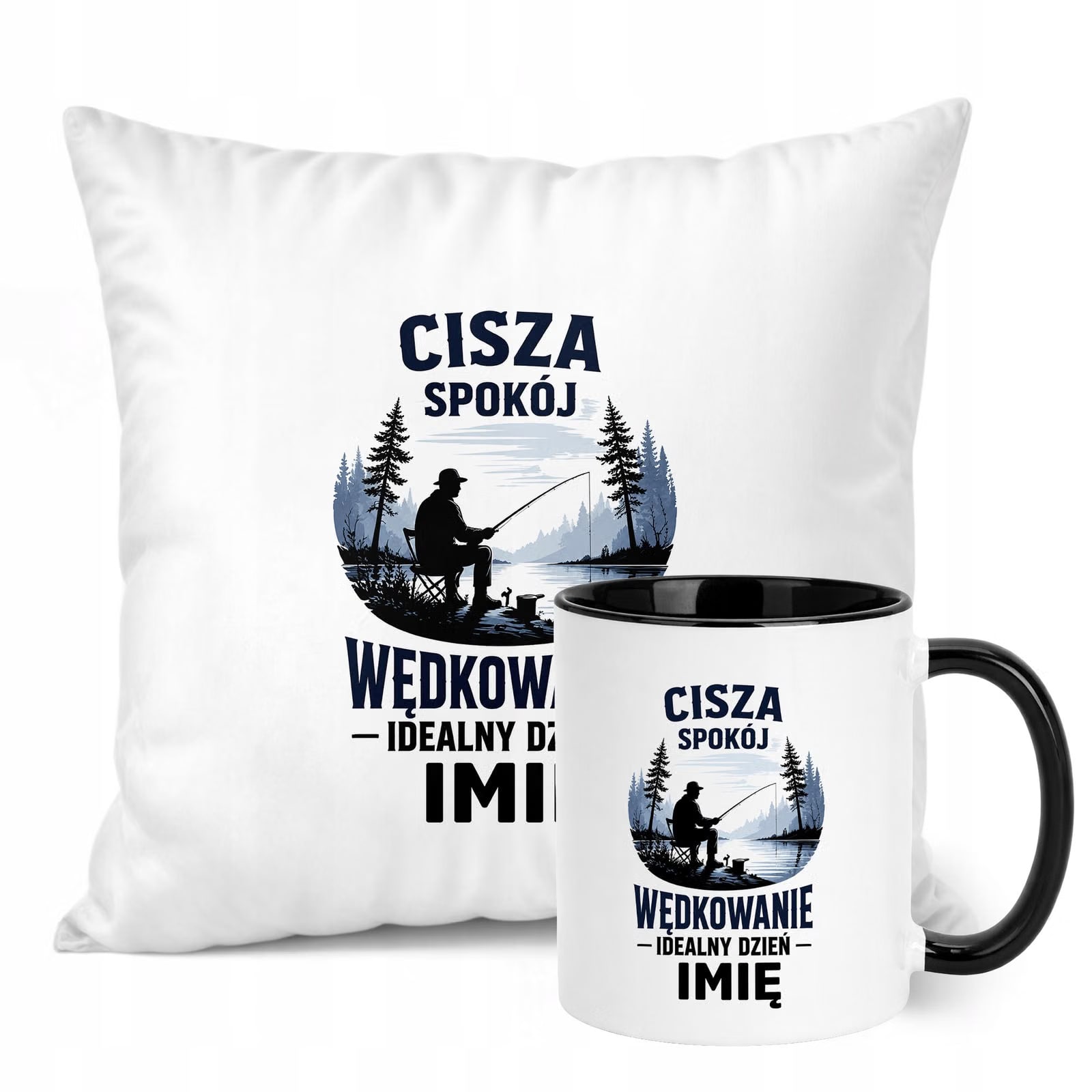 Zestaw Personalizowany Kubek Czarny Poduszka Z Nadrukiem Dla Wędkarza