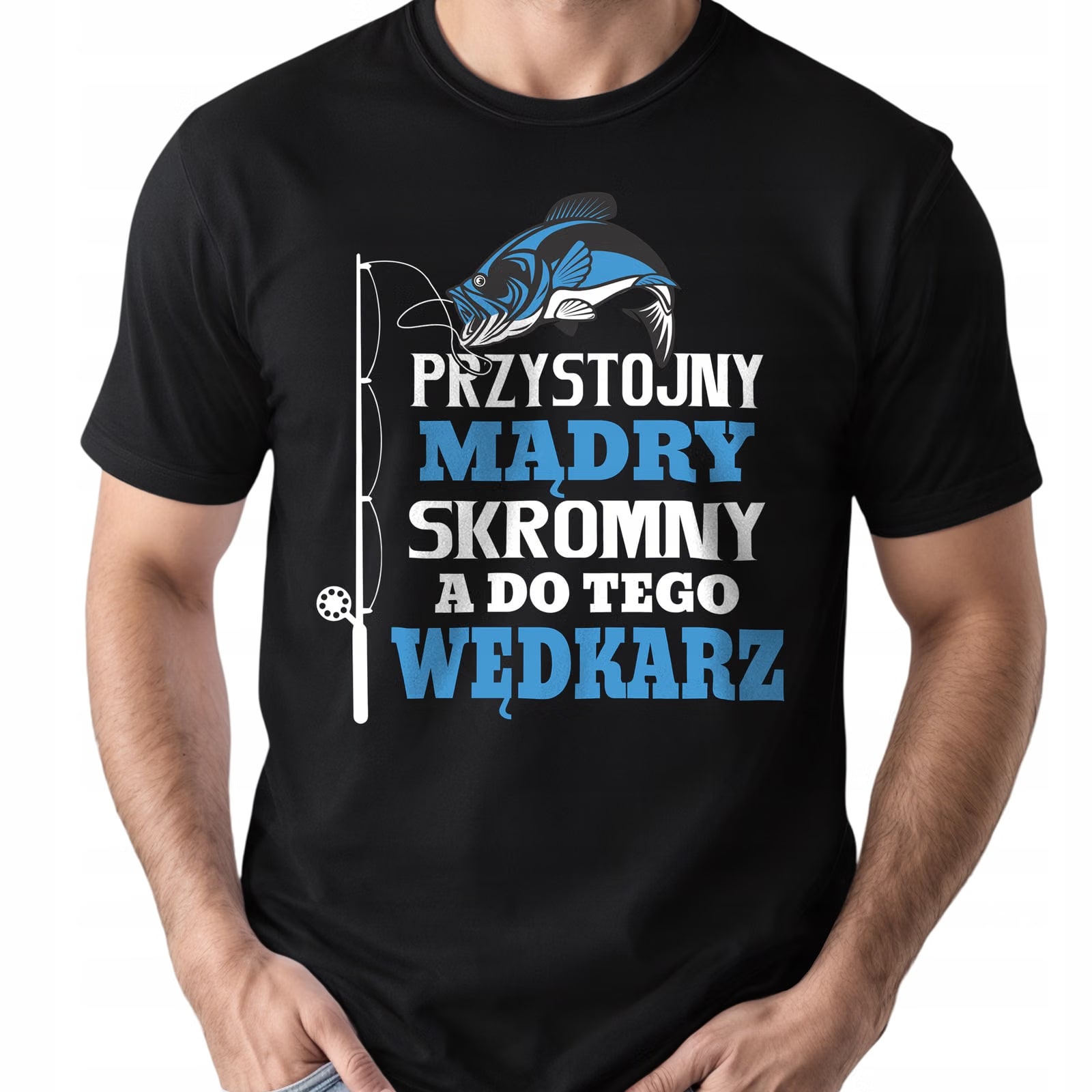 Koszulka czarna męska Dla Wędkarza Wędkowanie Ryby Prezent