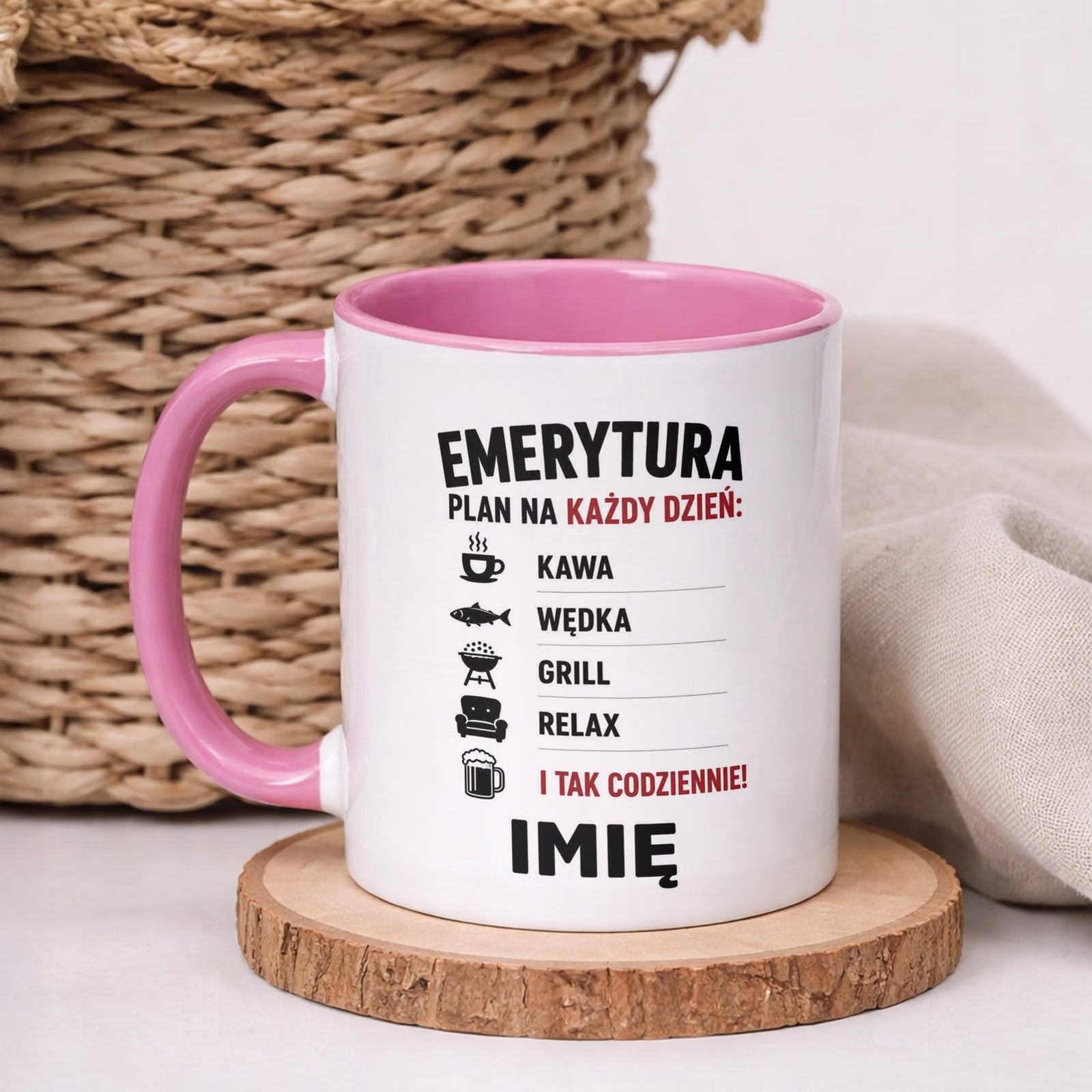 Kubek Różowy Personalizowany z Nadrukiem Emerytura Dla Emeryta Prezent